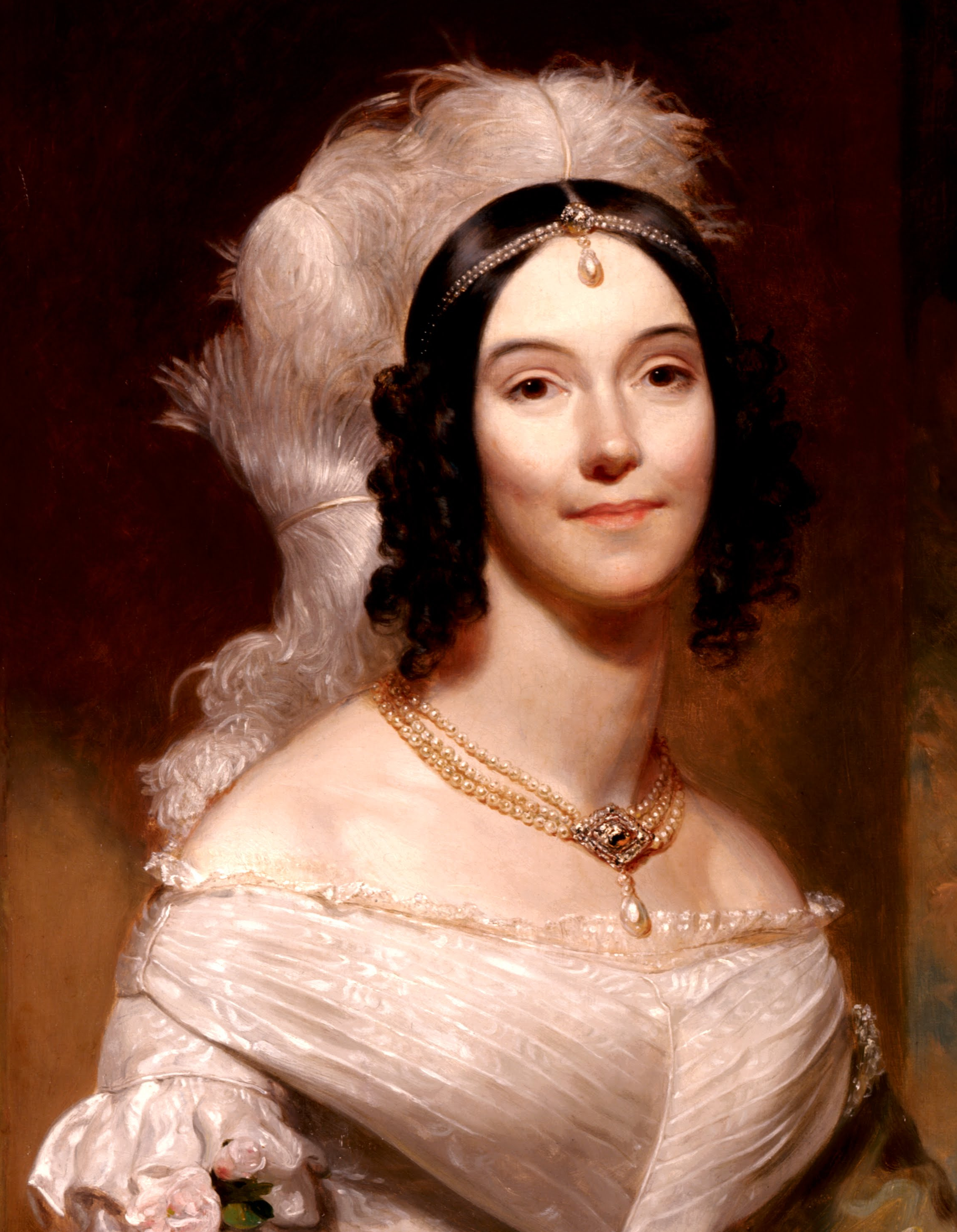 Daughter-in-law of President Martin van Buren wearing ostrich feathers. The popularity of aigrettes made many "feather millionaires" at the end of the 19th century.Angelica Singleton van Buren by Henry Inman, 1842. White House Collection.