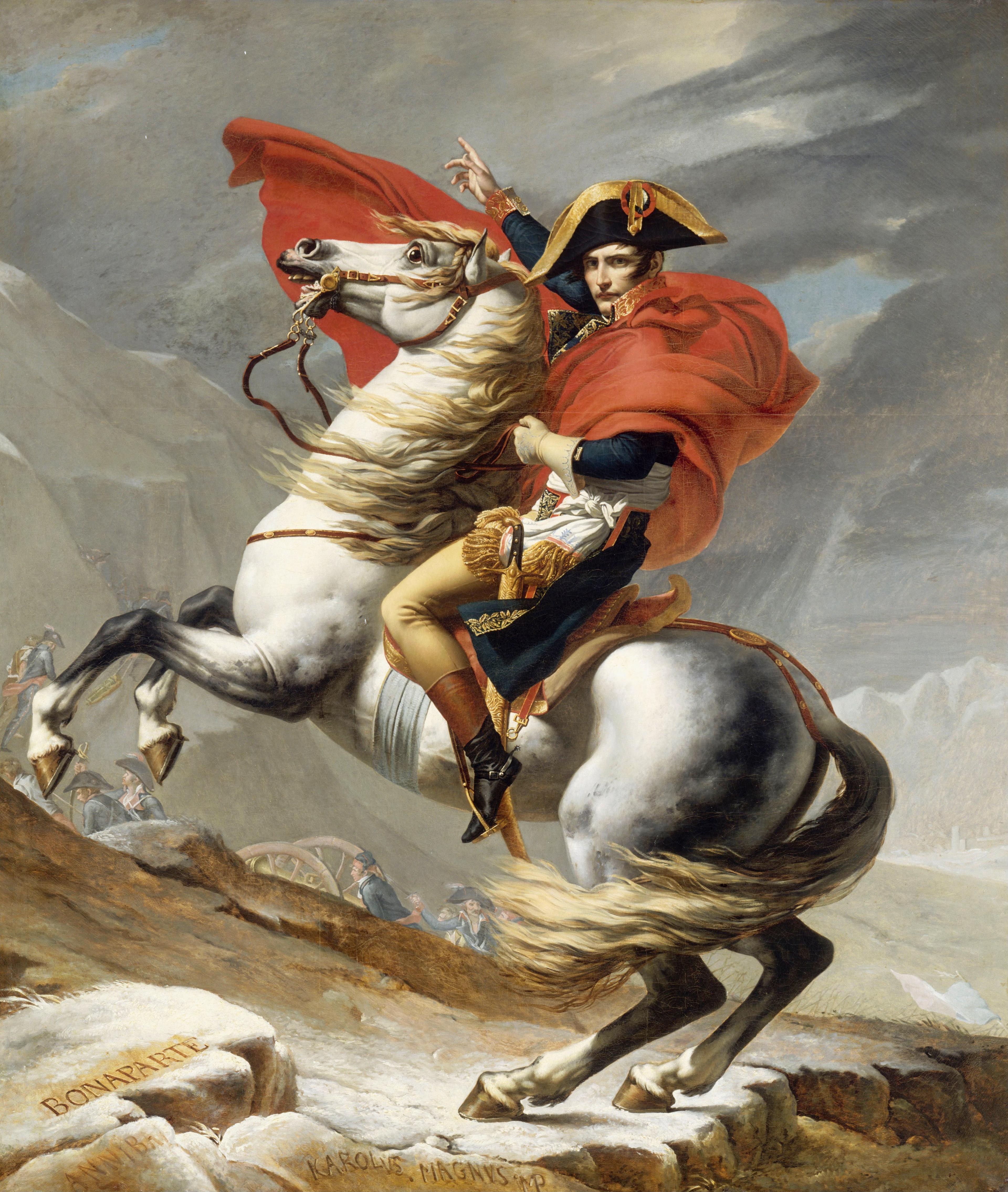 Napoleon ordered four versions of this painting that depicted his 1800 crossing of the Alps through the Great St Bernard Pass.  The artist created a fifth for himself (it's that version that now hangs in Versailles) The crossing was part of the exaggerated mythology of Napoleon and the paintings are an example of Napoleon's propaganda. around that myth.  "Napoleon Crossing the Alps." Jacques Louis David, 1805. Versailles. 