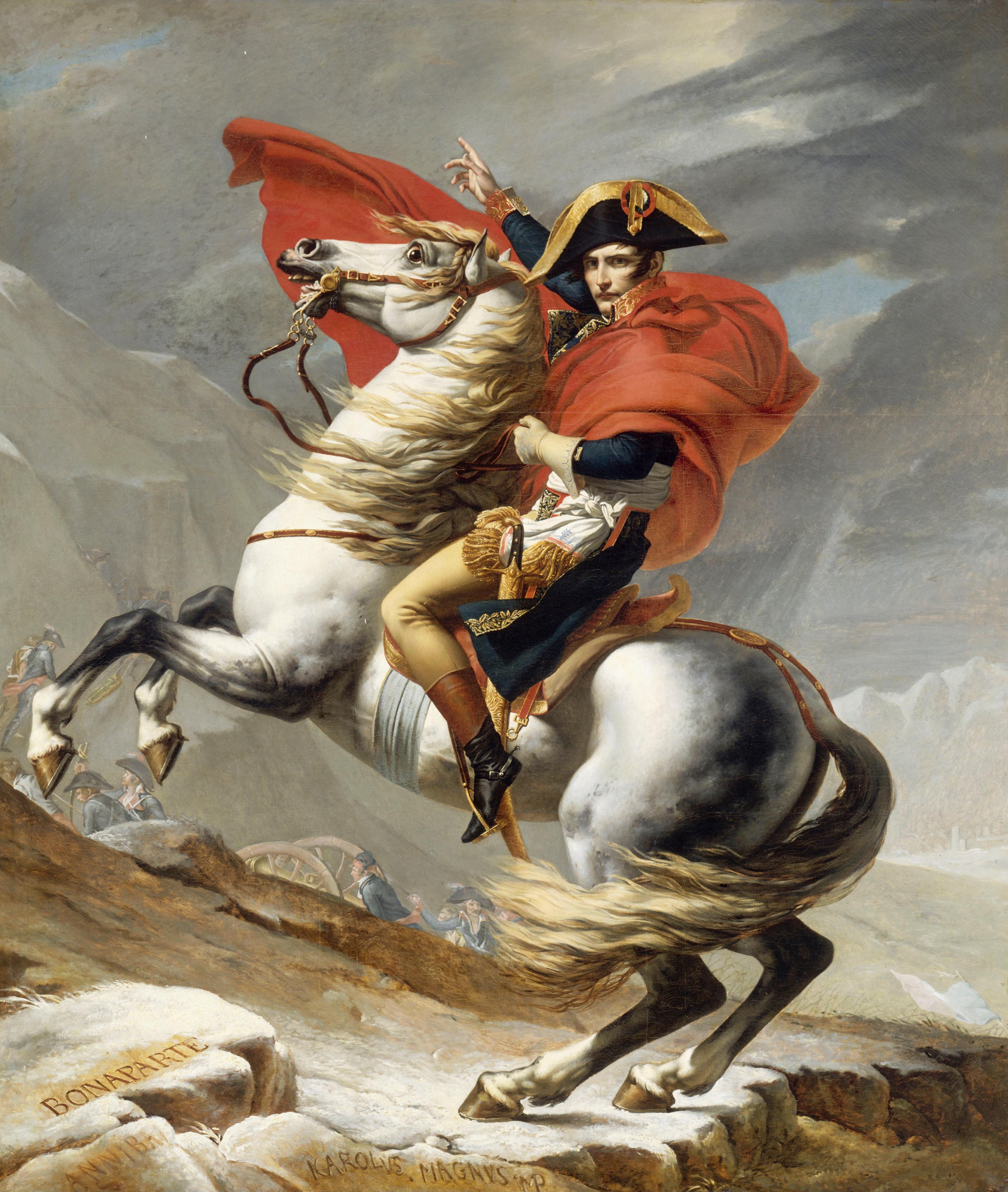 Napoleon ordered four versions of this painting that depicted his 1800 crossing of the Alps through the Great St Bernard Pass. The artist created a fifth for himself (it's that version that now hangs in Versailles) The crossing was part of the exaggerated mythology of Napoleon and the paintings are an example of Napoleon's propaganda. around that myth. "Napoleon Crossing the Alps." Jacques Louis David, 1805. Versailles.