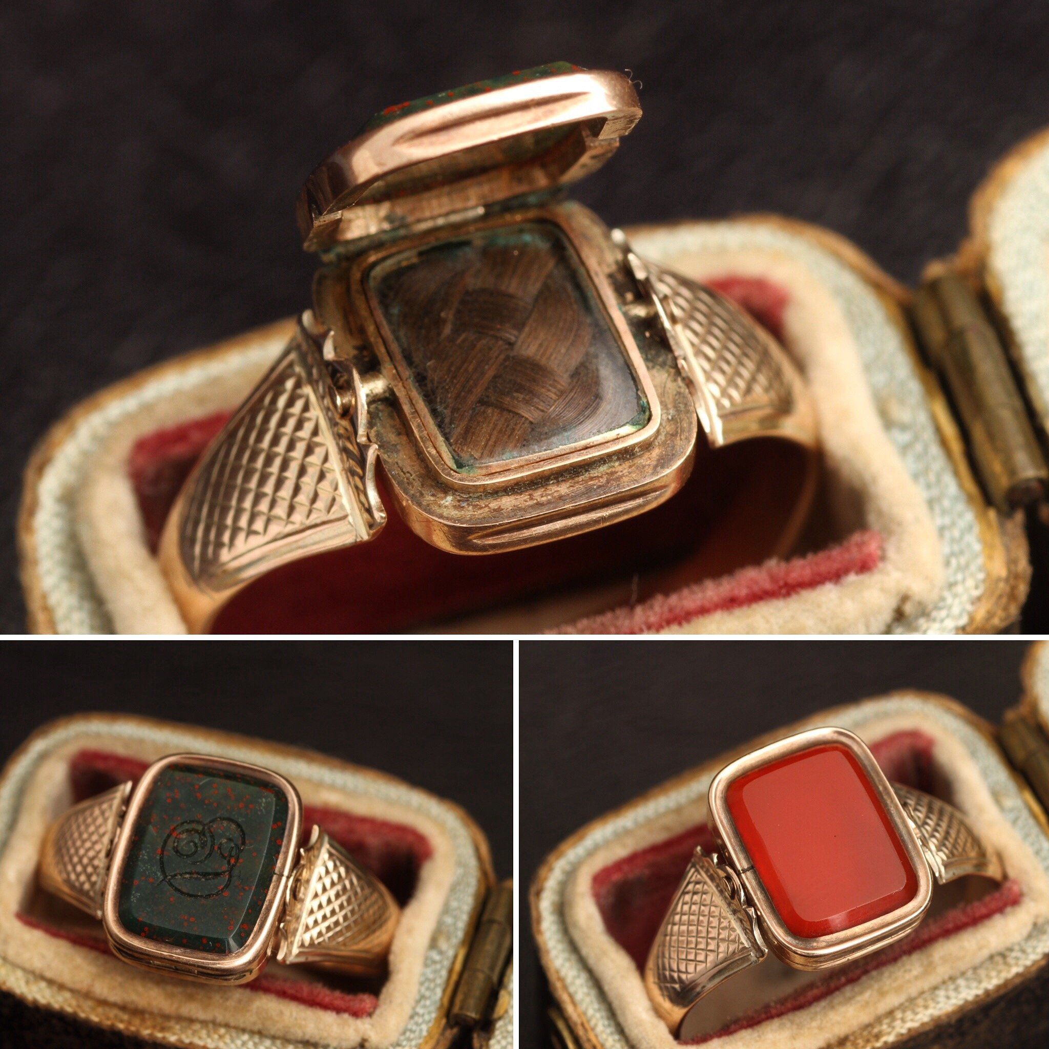 Detail of three rings, including the Victorian "ED" Bloodstone and Carnelian Swivel Locket Ring