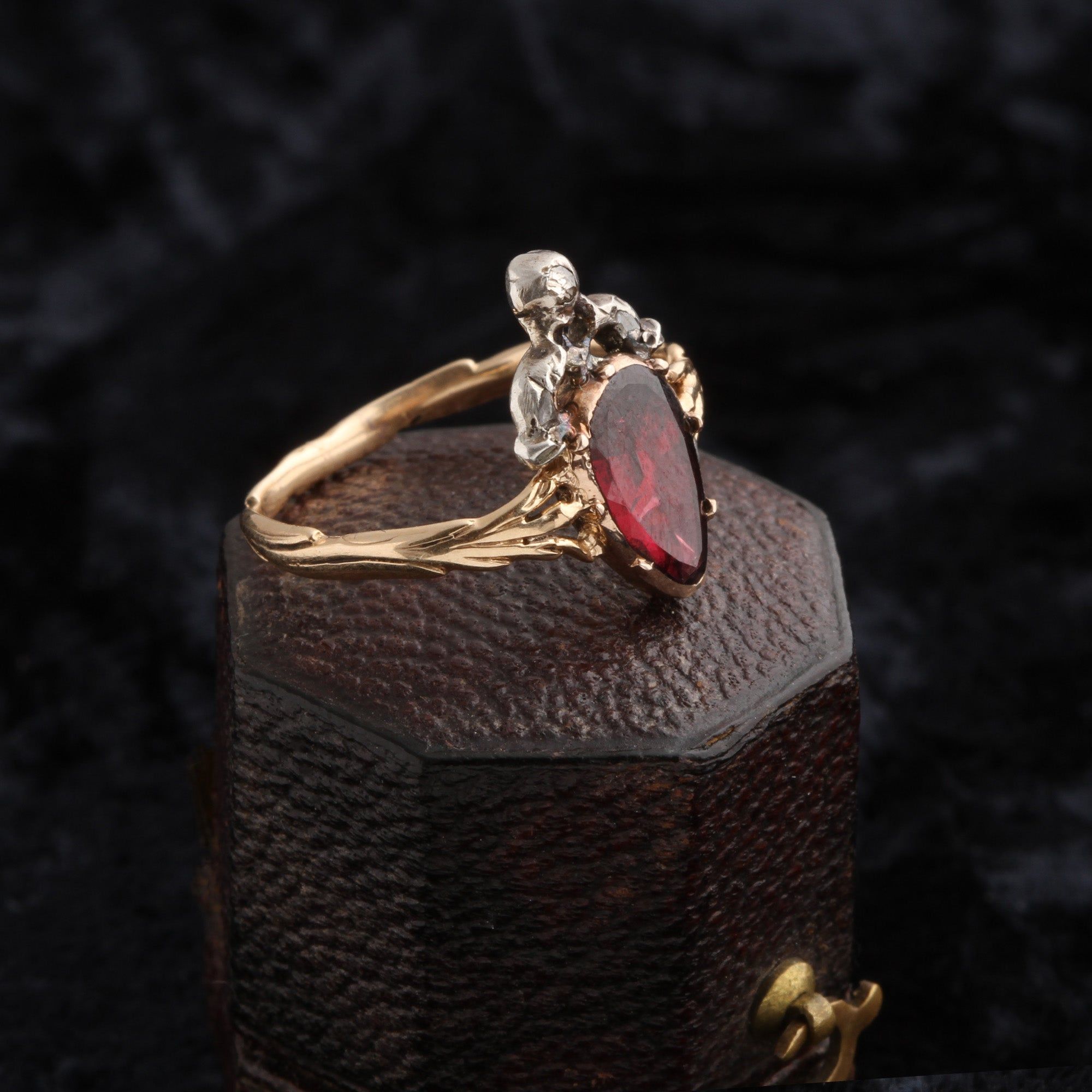 Side Detail of Georgian Garnet & Diamond Crowned Heart Ring