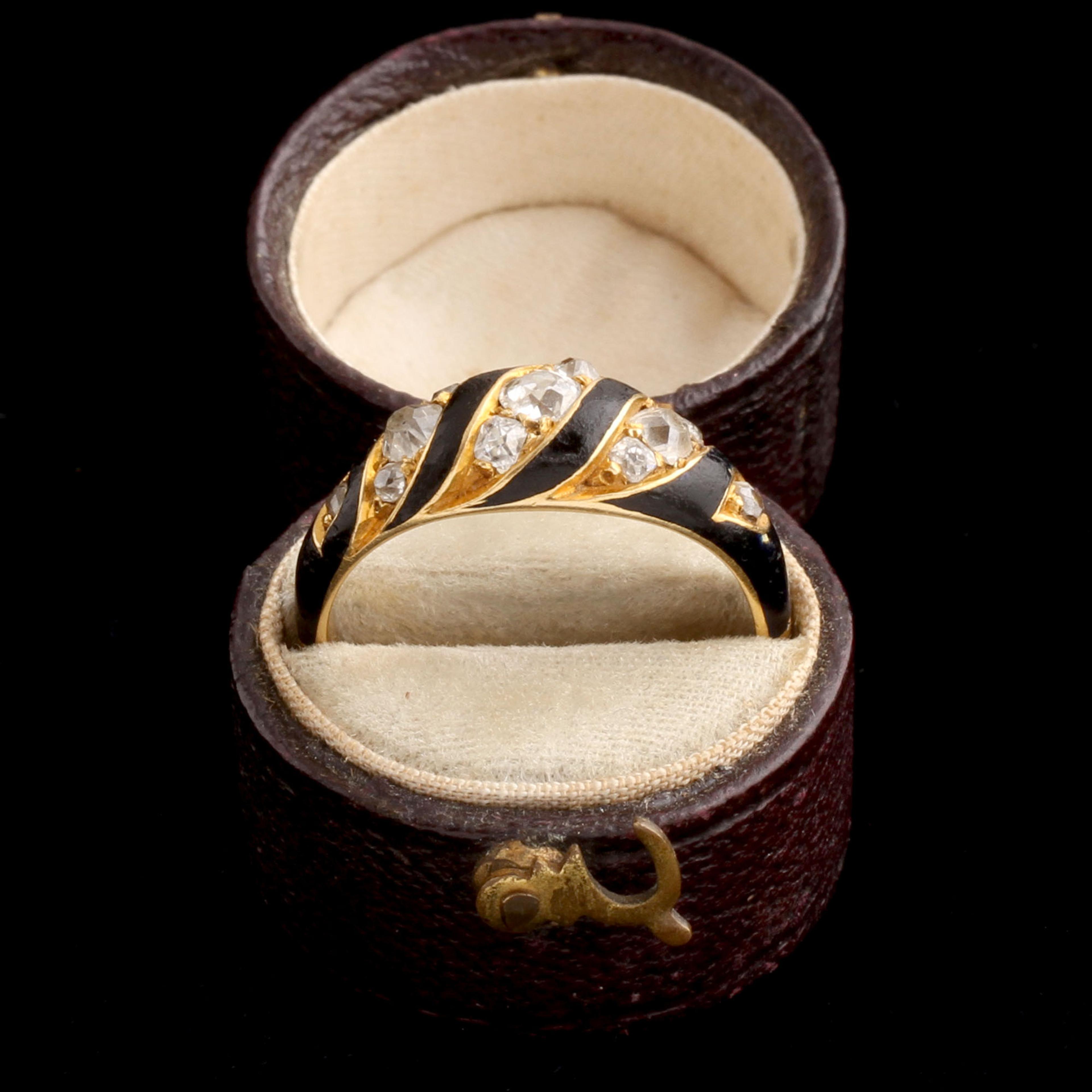 Victorian Diamond & Enamel Ribbon Mourning Ring