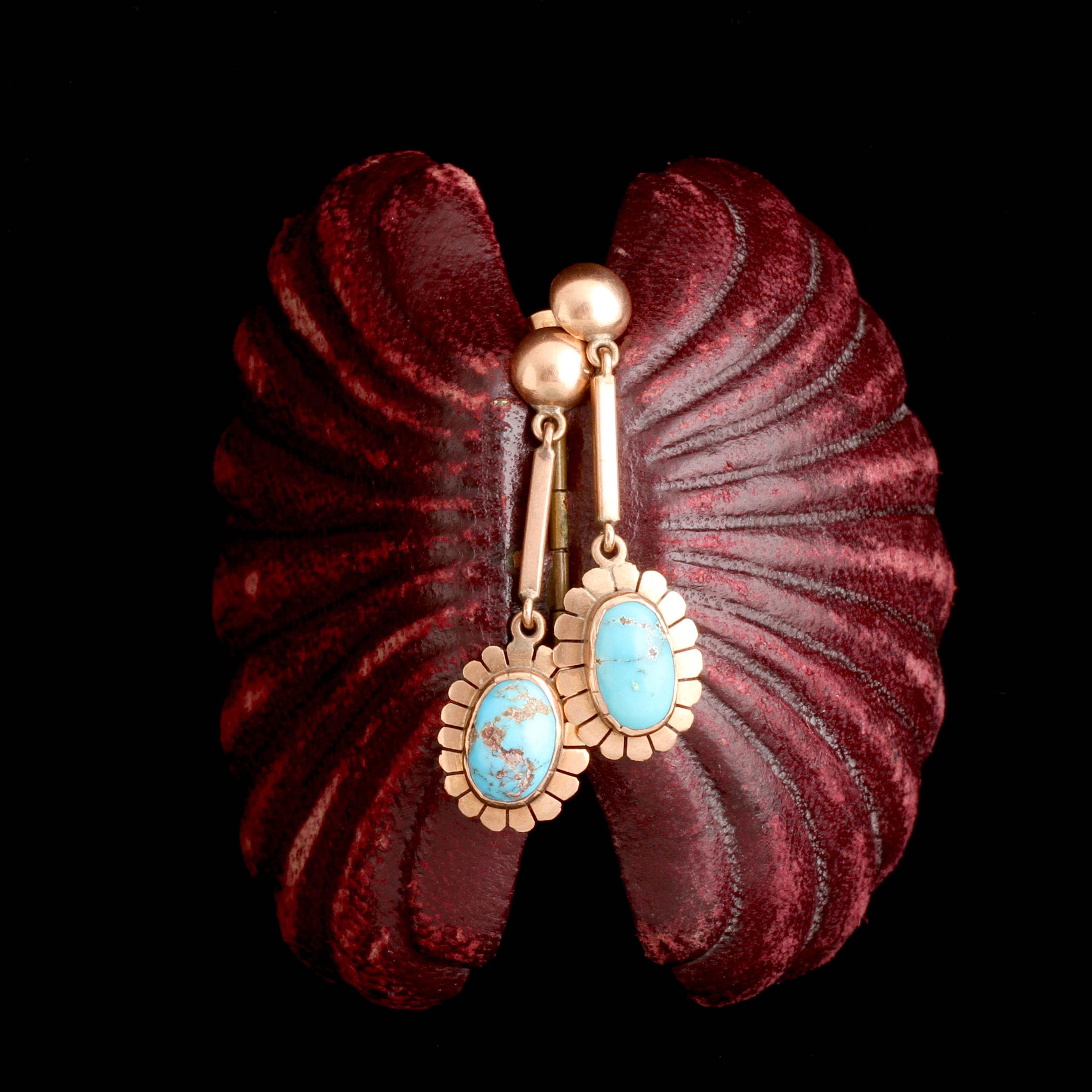 Arts & Crafts Turquoise & Rose Gold Floral Drop Earrings