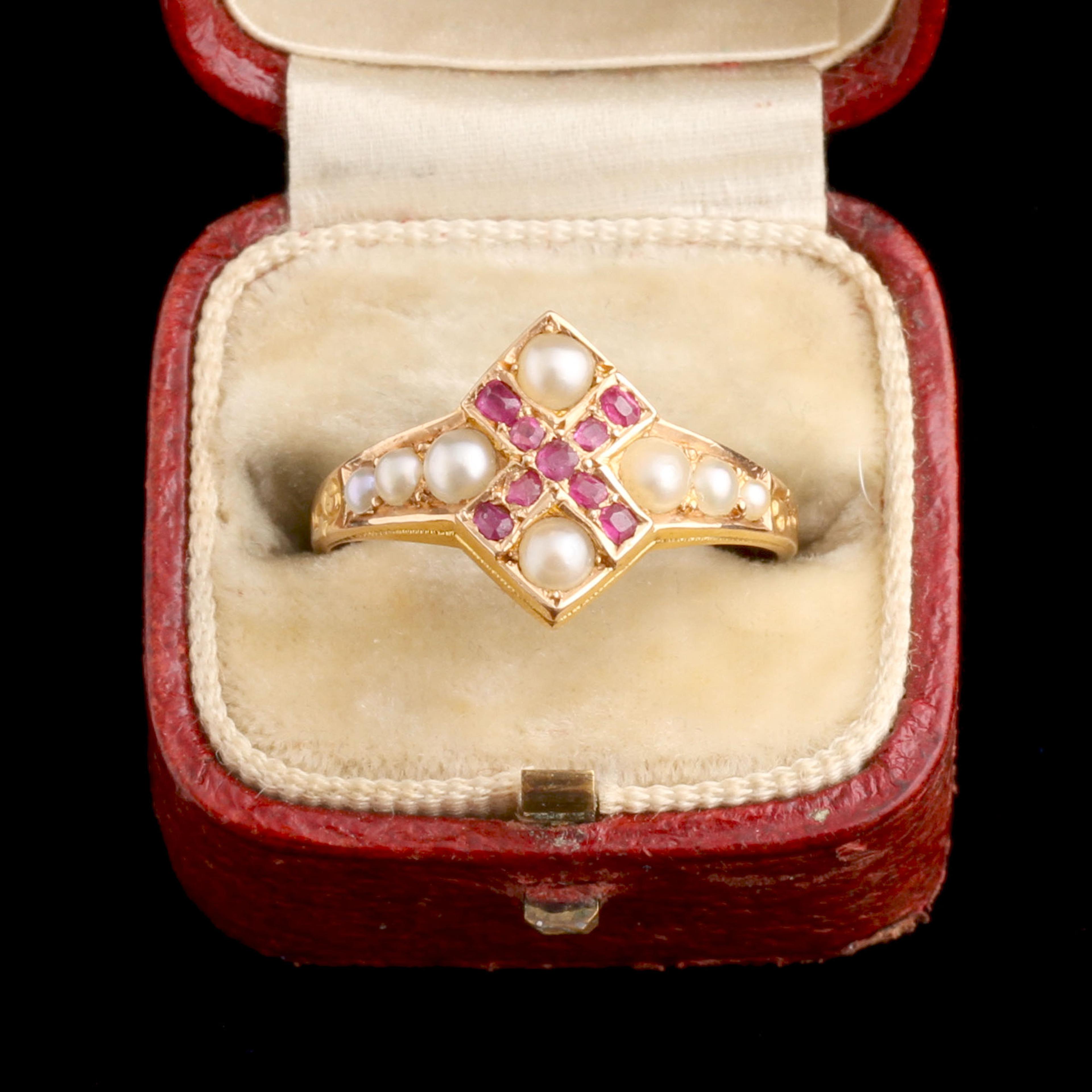 Detail of Victorian Pearl & Ruby "X" Ring