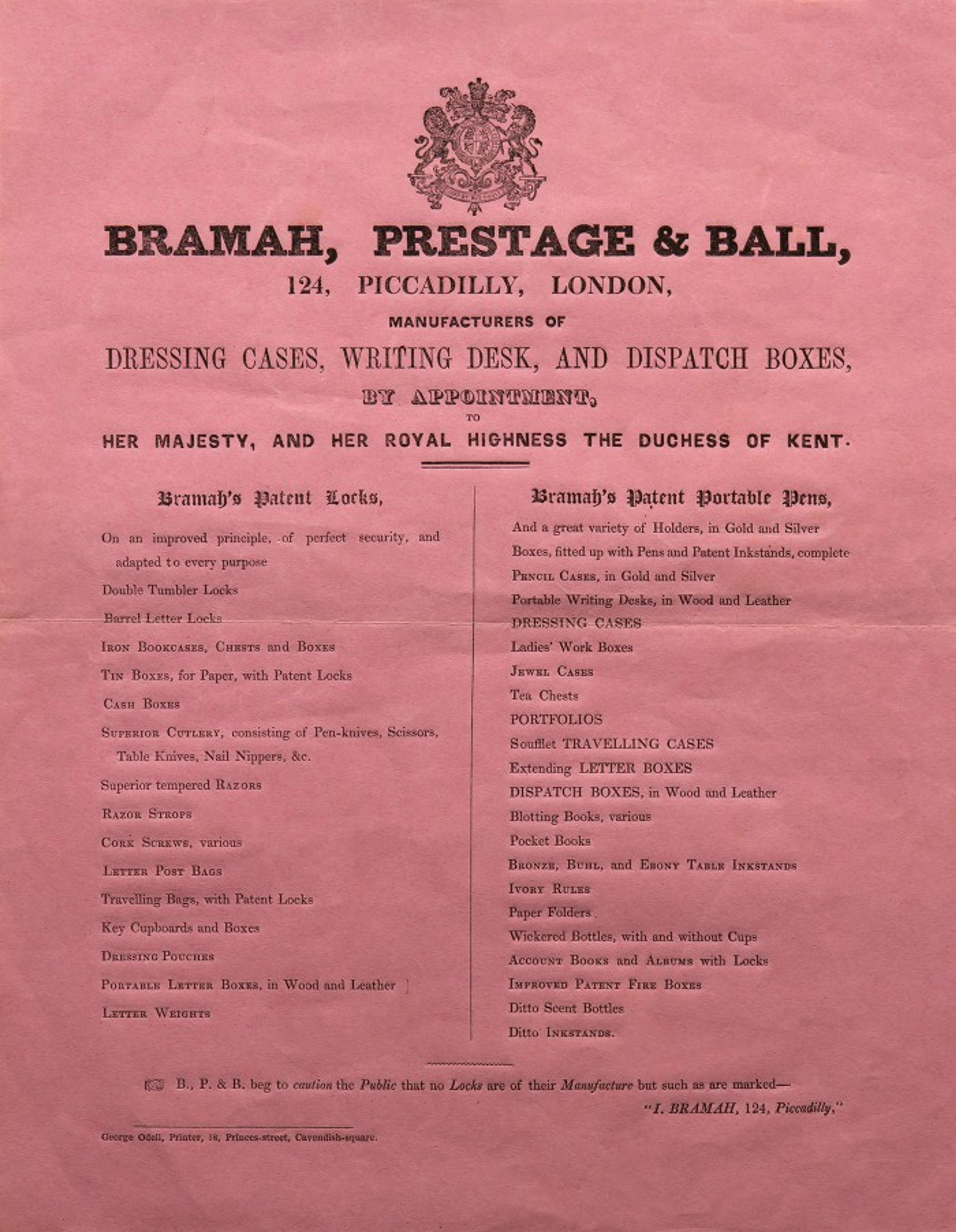 A photograph of a flyer advertising Bramah's locks, keys, and accessories. 