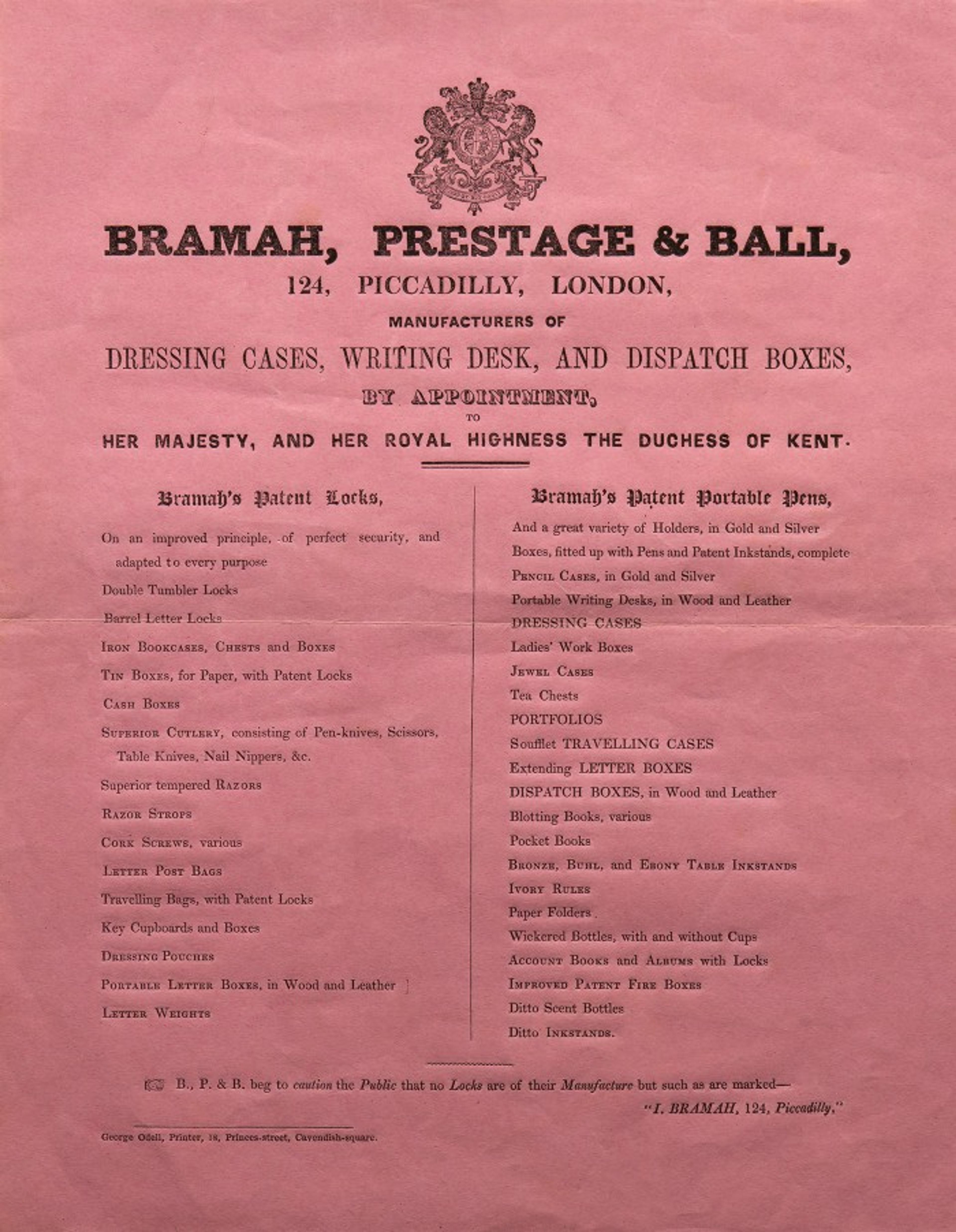 A photograph of a flyer advertising Bramah's locks, keys, and accessories.