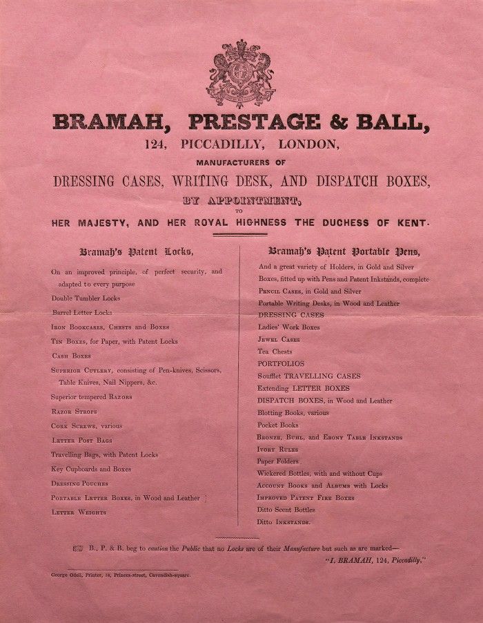 A photograph of a flyer advertising Bramah's locks, keys, and accessories. 