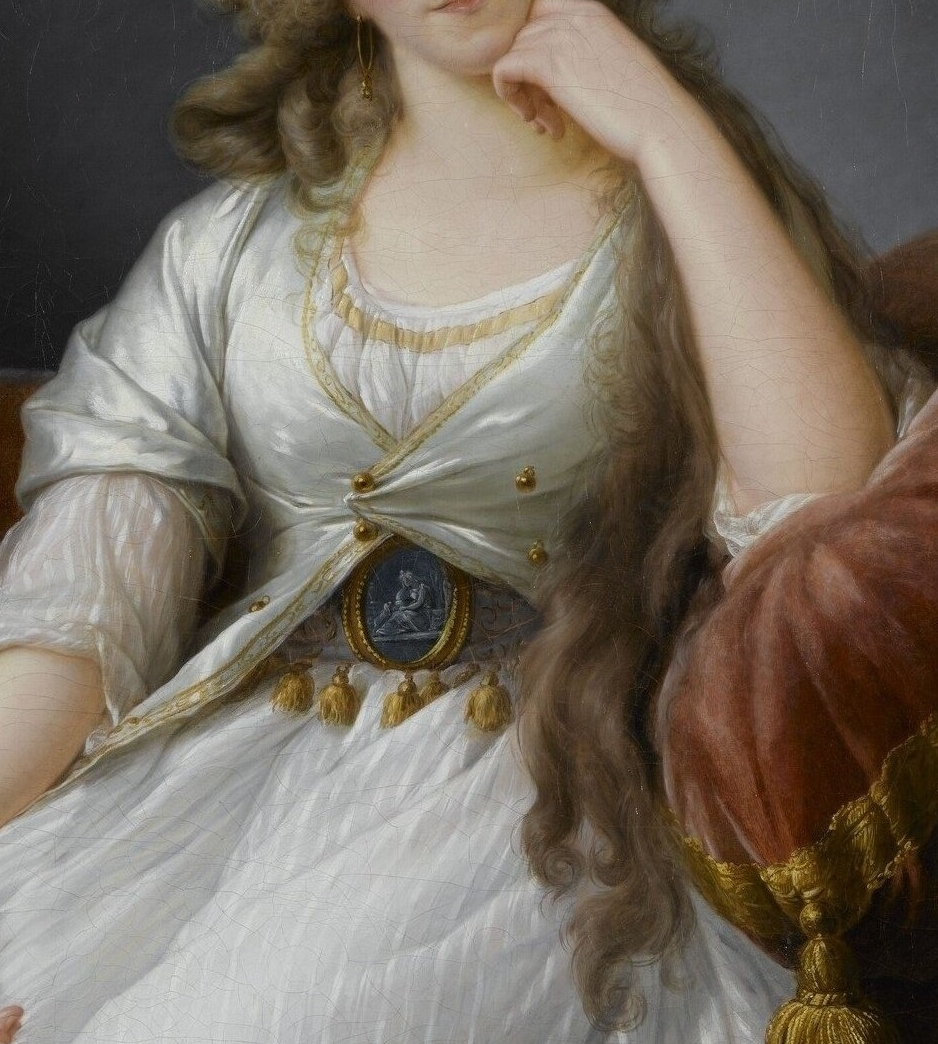 In the middle of her belt, the Duchess wears a Wedgwood ceramic medallion representing Maria, the heroine of Laurence Sterne’s Sentimental Voyage, inconsolable since the death of her husband. This portrait was so popular when exhibited at the Salon of 1789 that the Marquise d’Aguesseau asked Vigée Le Brun to paint her with a similar costume and the same medallion. Louise-Marie-Adélaïde de Bourbon-Penthièvre, duchess of Orléans by Élisabeth Vigée Le Brun, 1789. The Palace of Versailles.