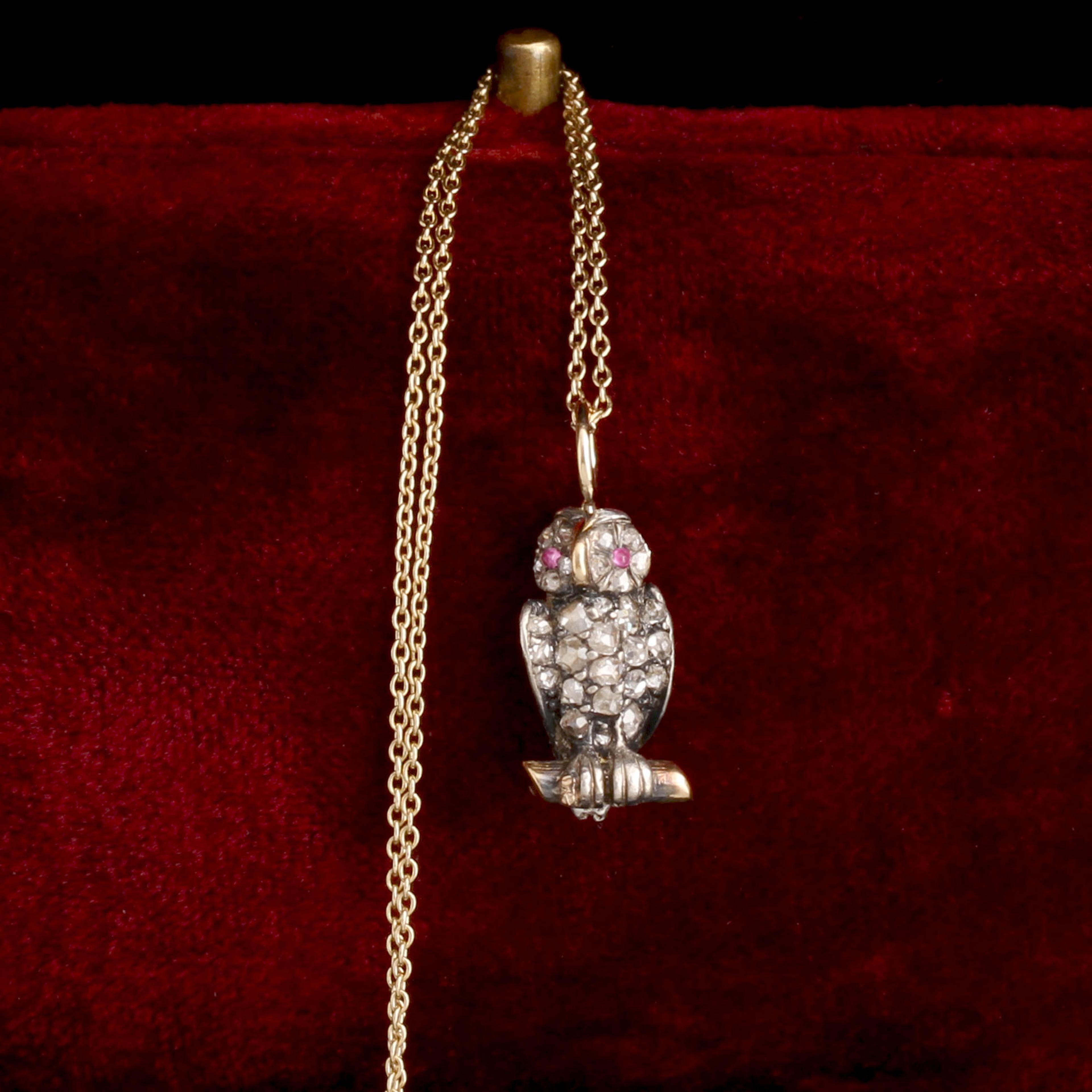 Detail of Victorian Diamond & Ruby Owl Pendant