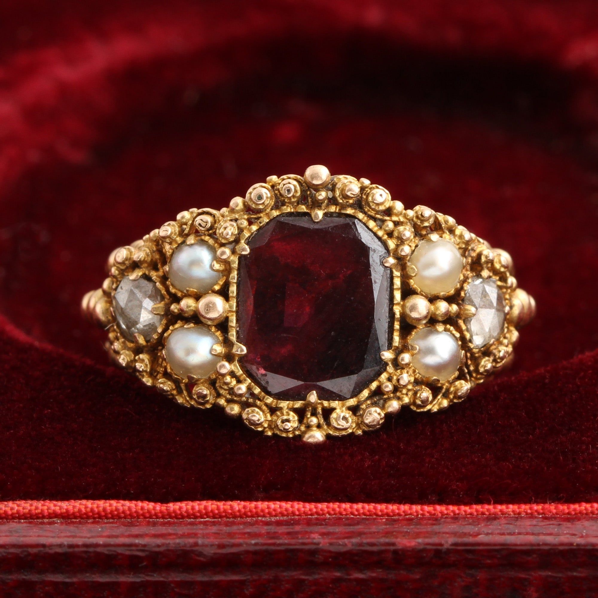 Georgian Garnet, Diamond & Pearl Granulated Ring