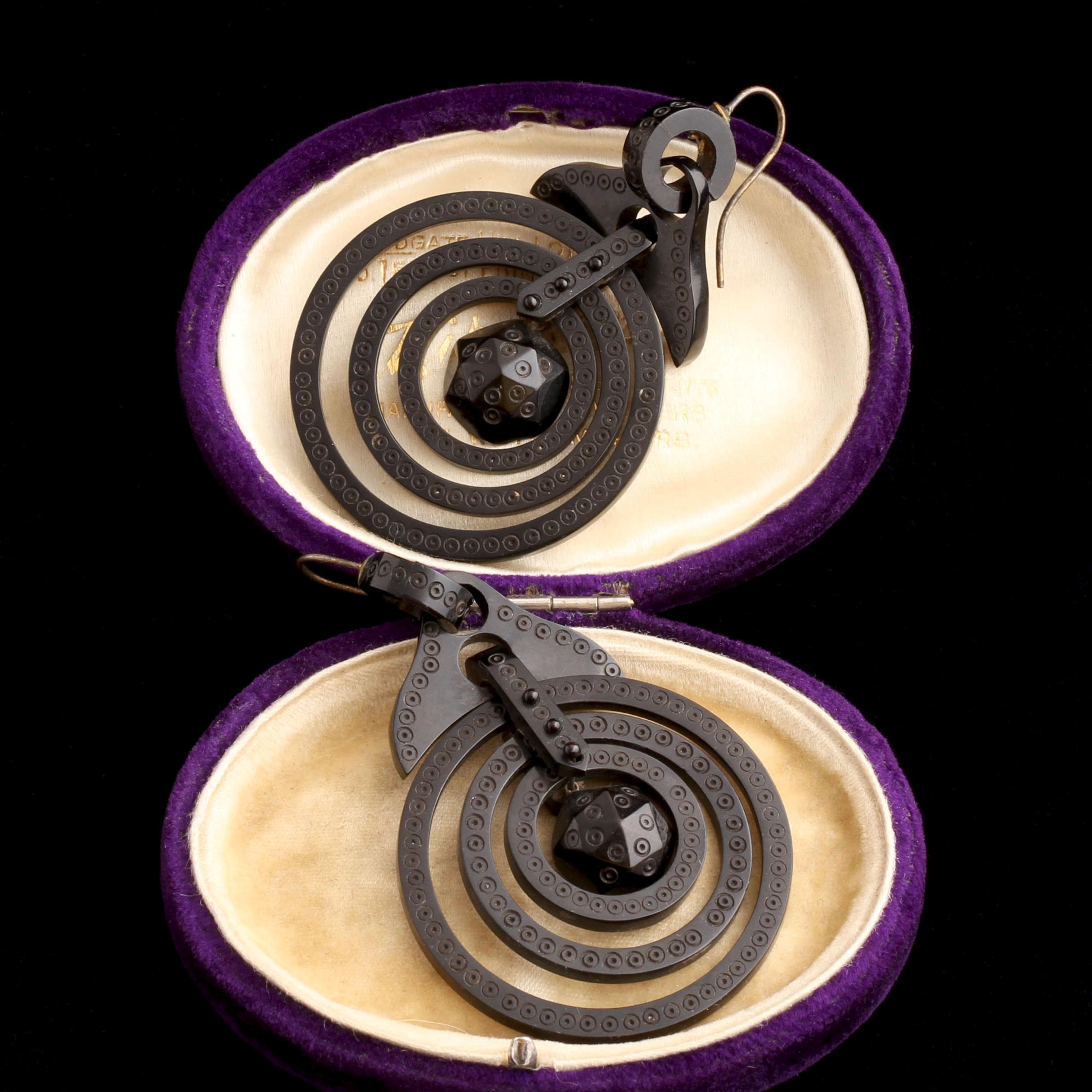 Detail of Victorian Vulcanite Bullseye Earrings