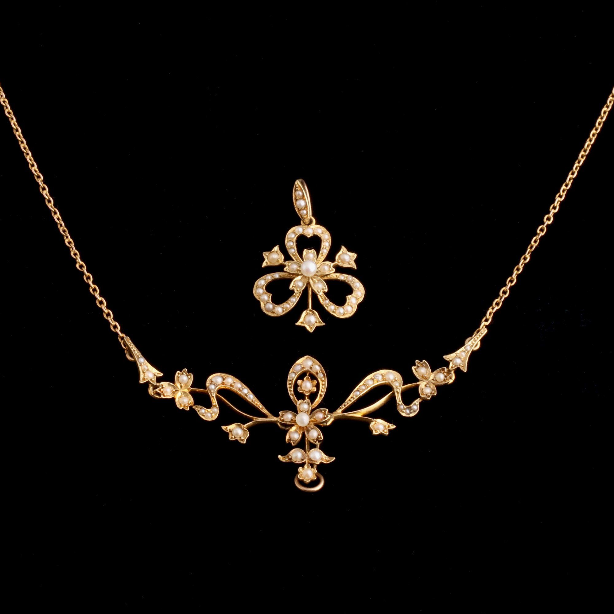 Edwardian Seed Pearl Clover Necklace