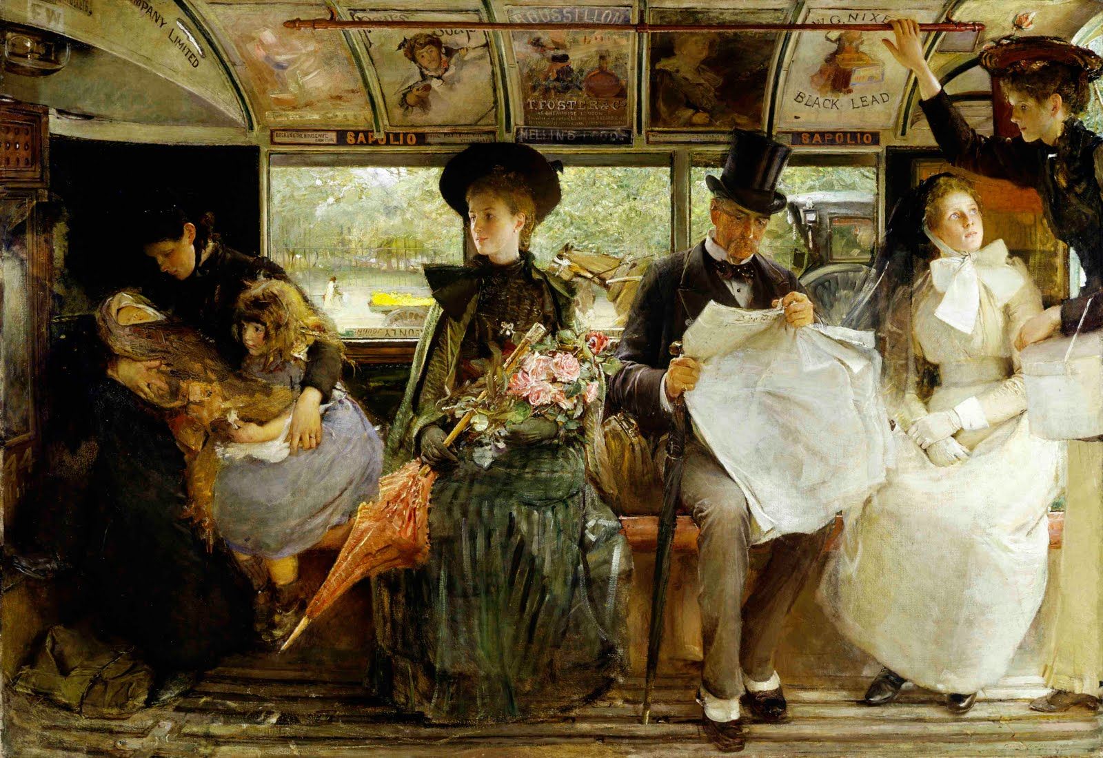 The omnibus, a horse-drawn bus, was one of the new modes of travel during the Victorian era. "The Bayswater Omnibus" by George William Joy, 1895. The Museum of London.  