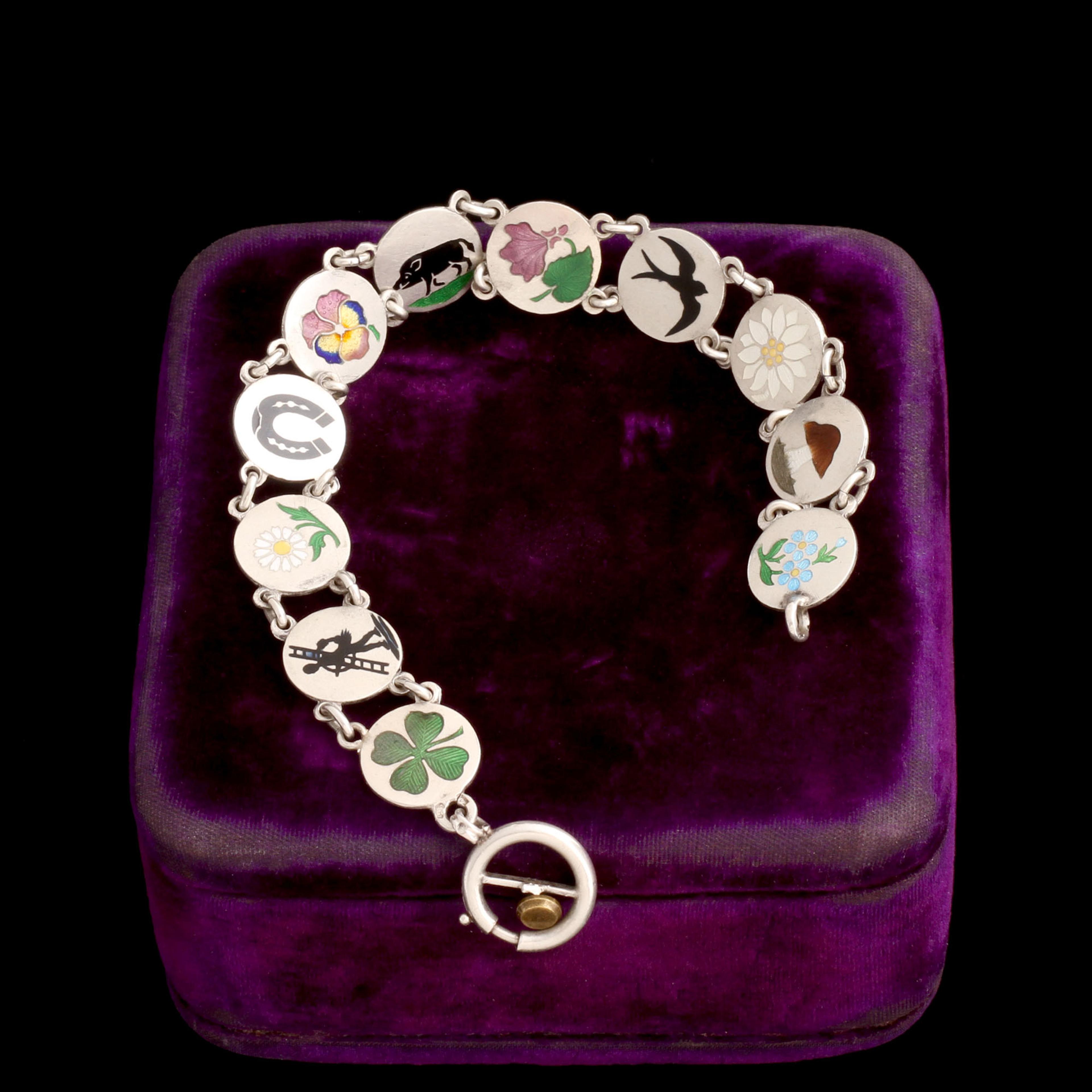 1930s Silver & Enamel Talisman Bracelet
