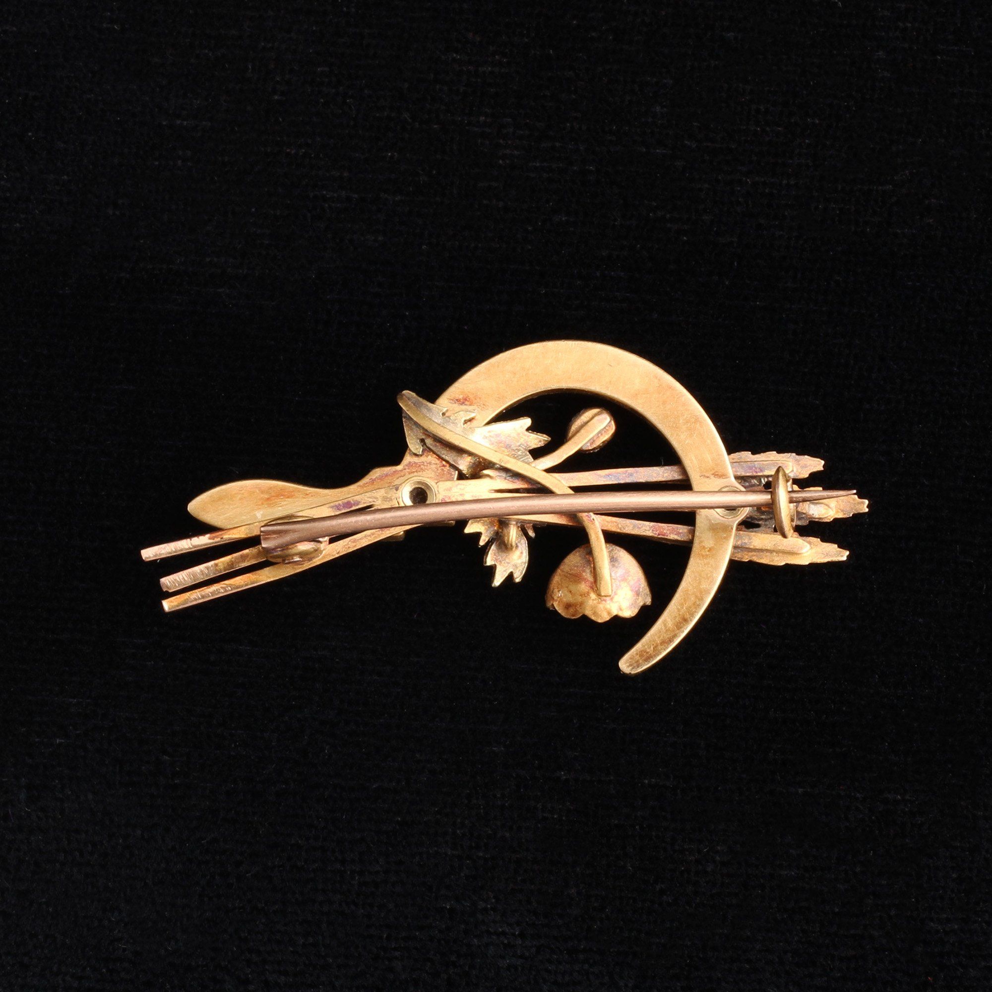 Victorian Tricolor Gold & Pearl Sickle Brooch