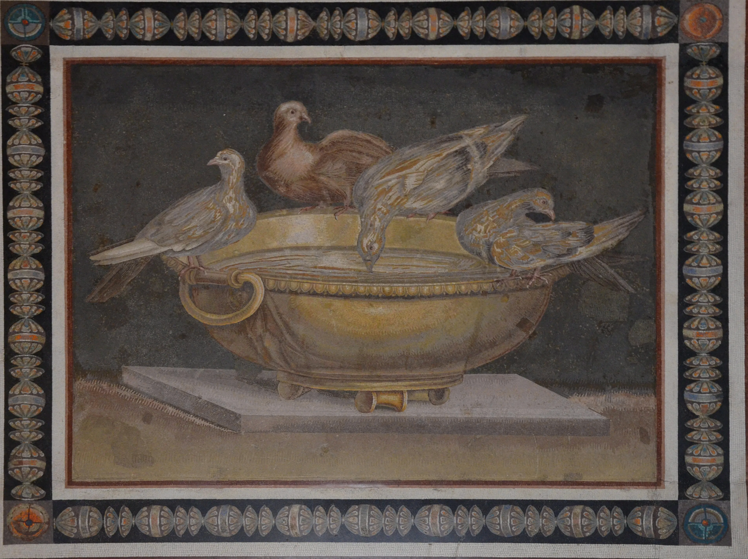 Mosaic showing doves drinking from a bowl, from Hadrian’s villa, 2nd century AD, probably a copy of Sosus’s work (2nd century BC), Musei Capitolini, Rome