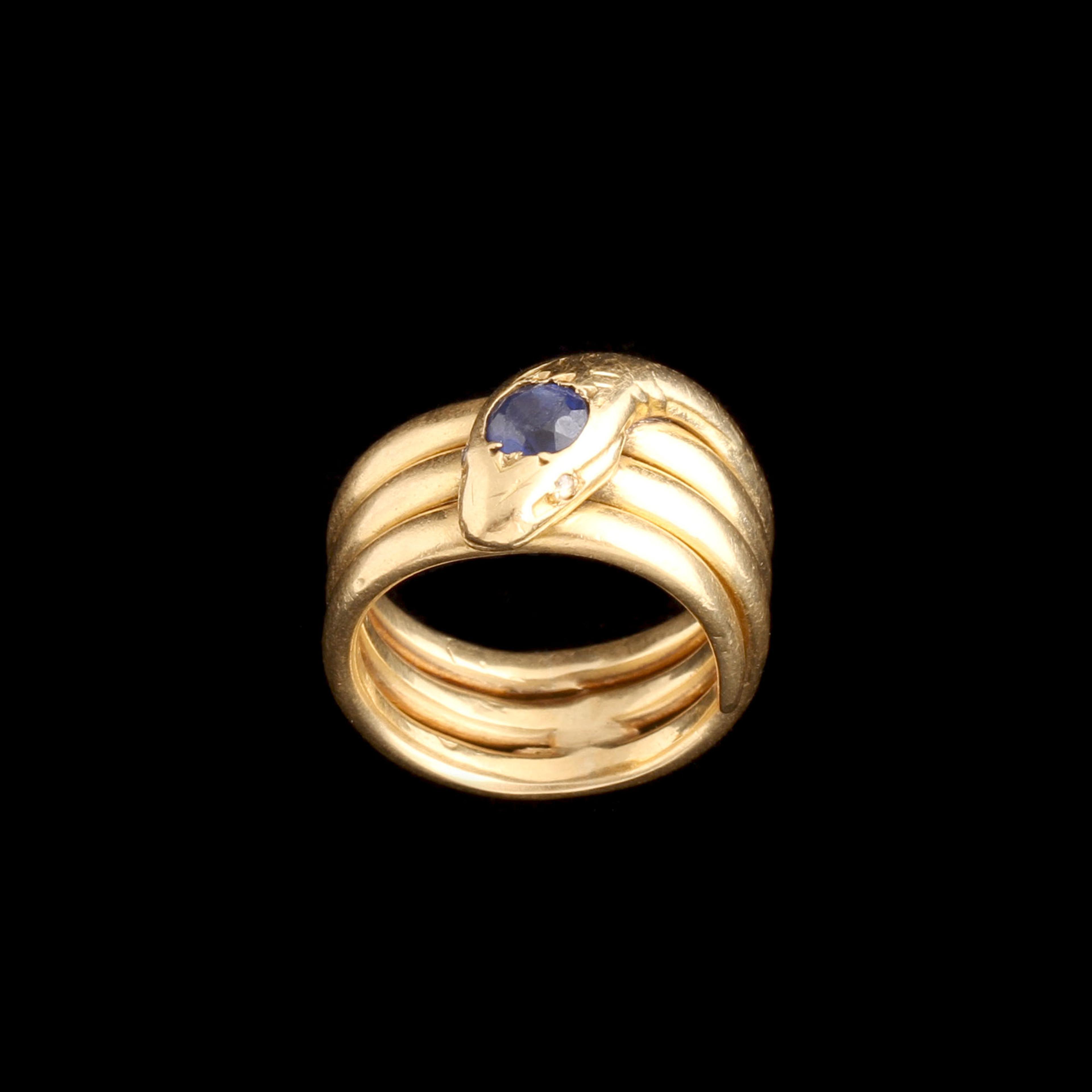 Late 19th Century French Diamond-Eyed Sapphire Snake Ring
