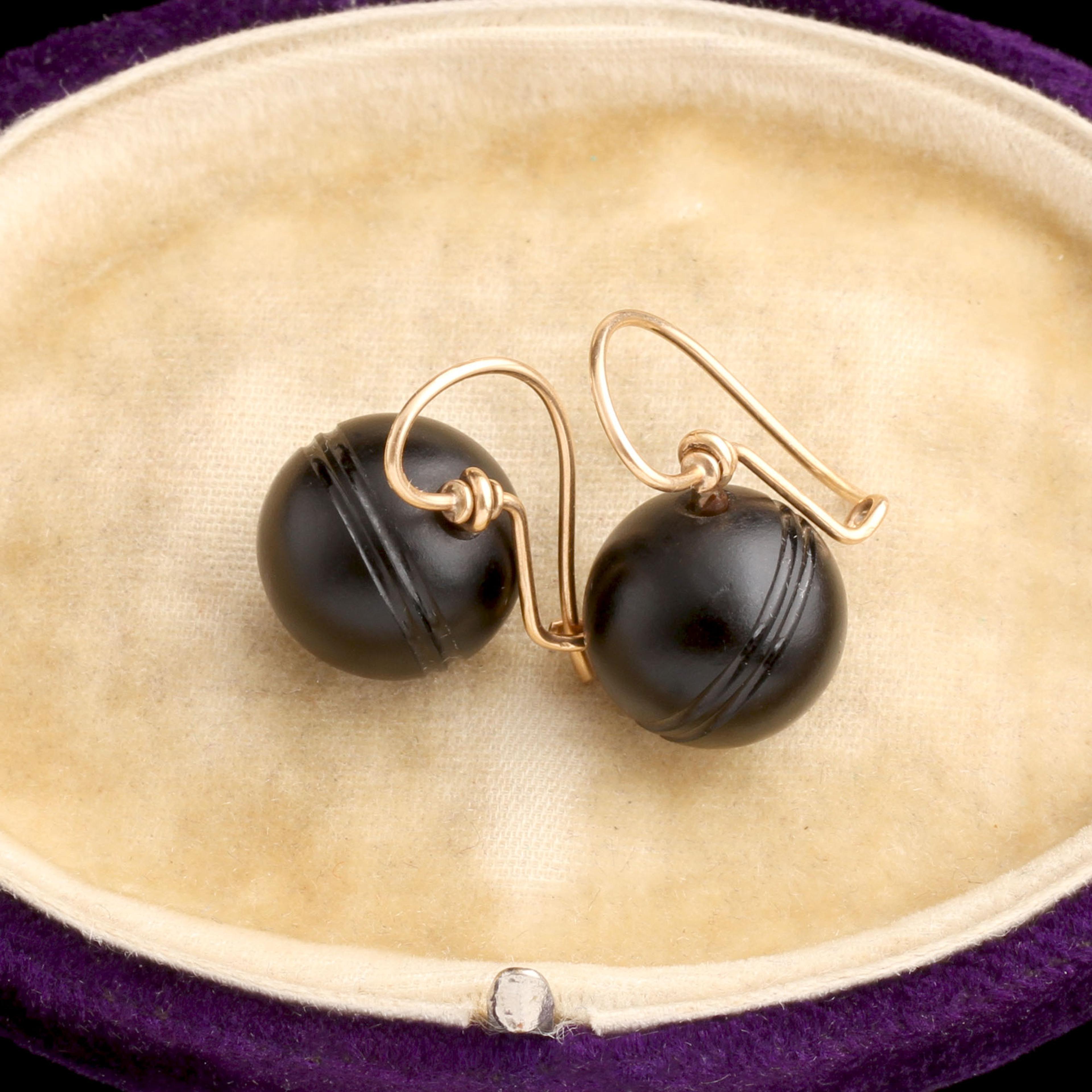 Detail of Victorian Carved Onyx Sphere Earrings