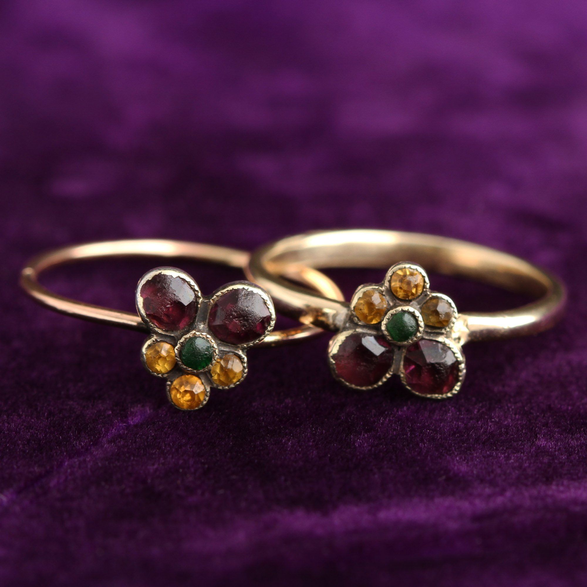Detail of French Amethyst, Emerald and Citrine Pansy Ring