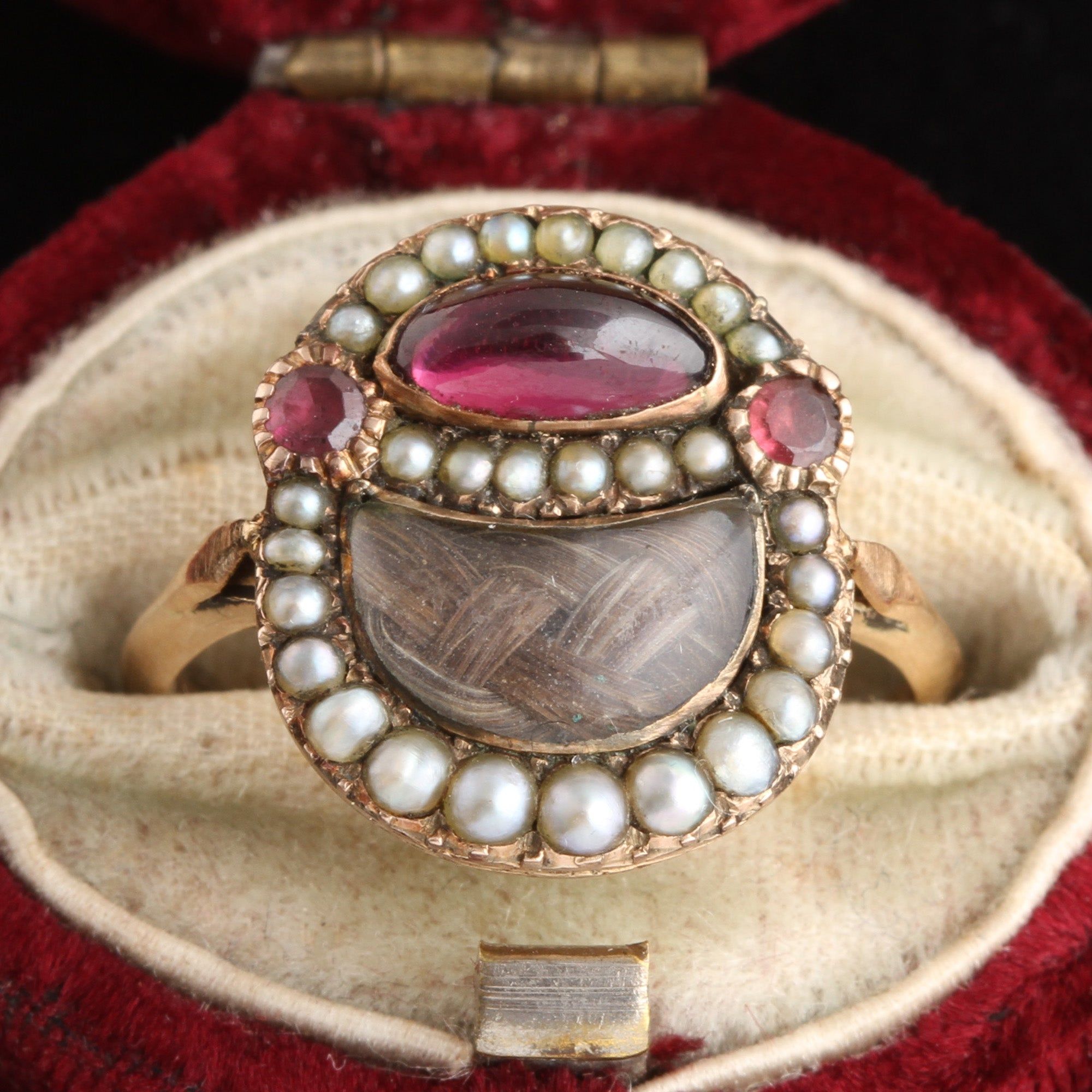 Detail of Georgian Garnet, Pearl & Hair Padlock Ring