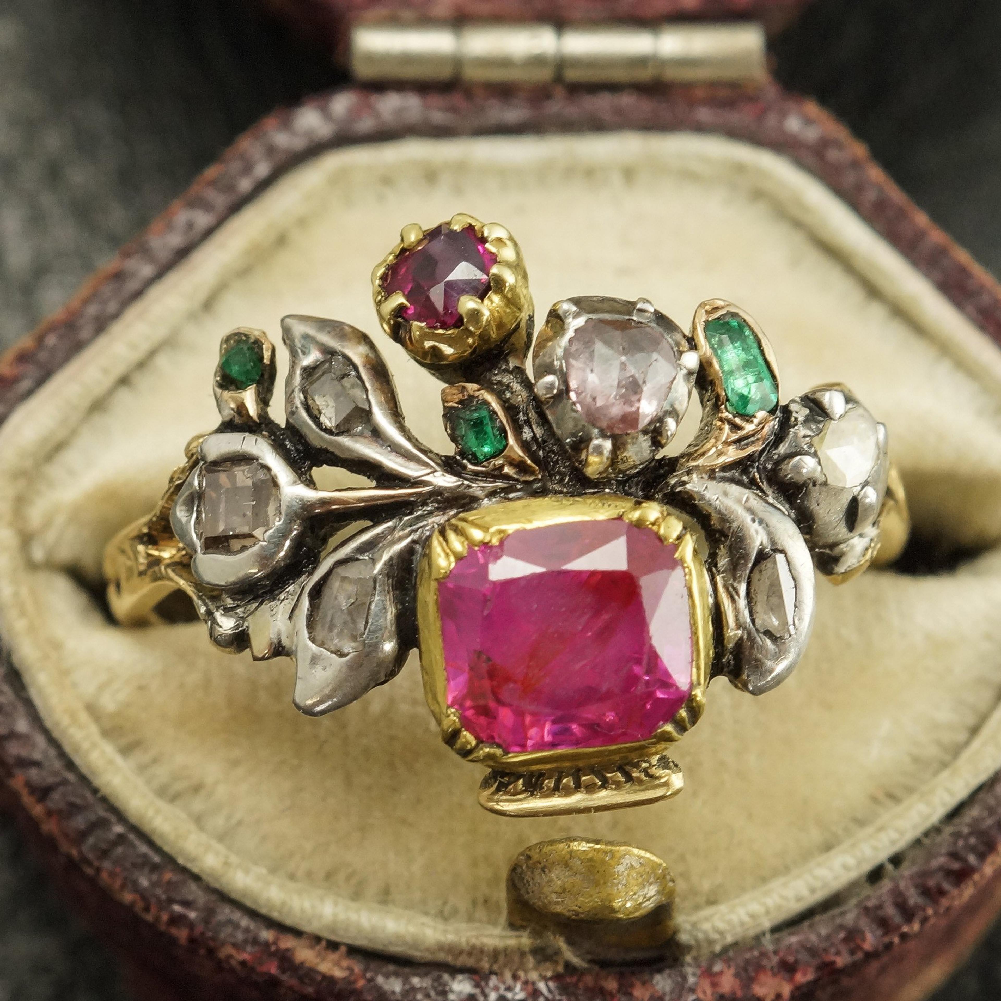 Detail of Georgian Ruby, Diamond, and Emerald Giardinetti Ring