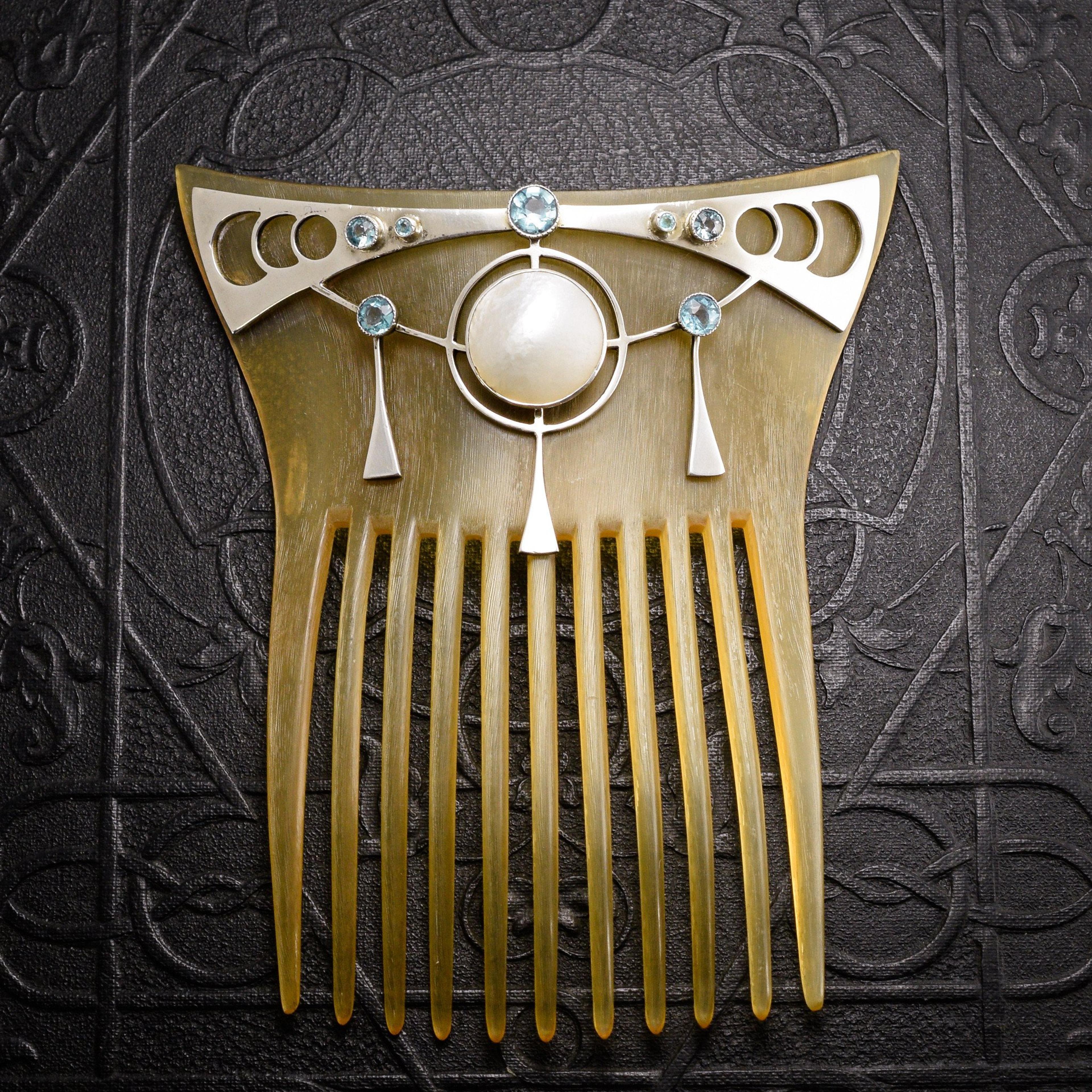 Detail of Jugenstil Hair Comb with Mother of Pearl and Blue Zircon