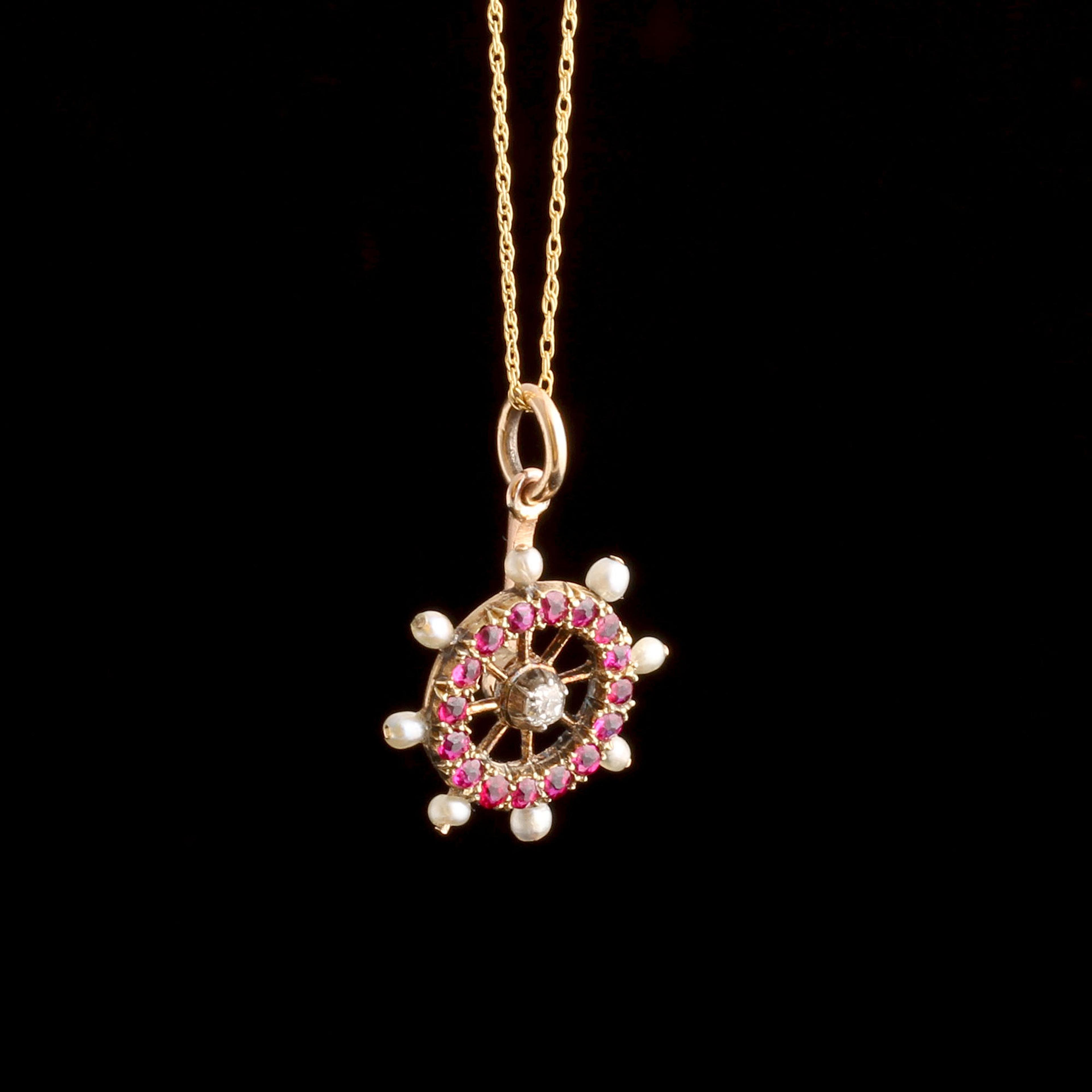 Victorian Ruby, Diamond & Pearl Ship's Wheel Pendant