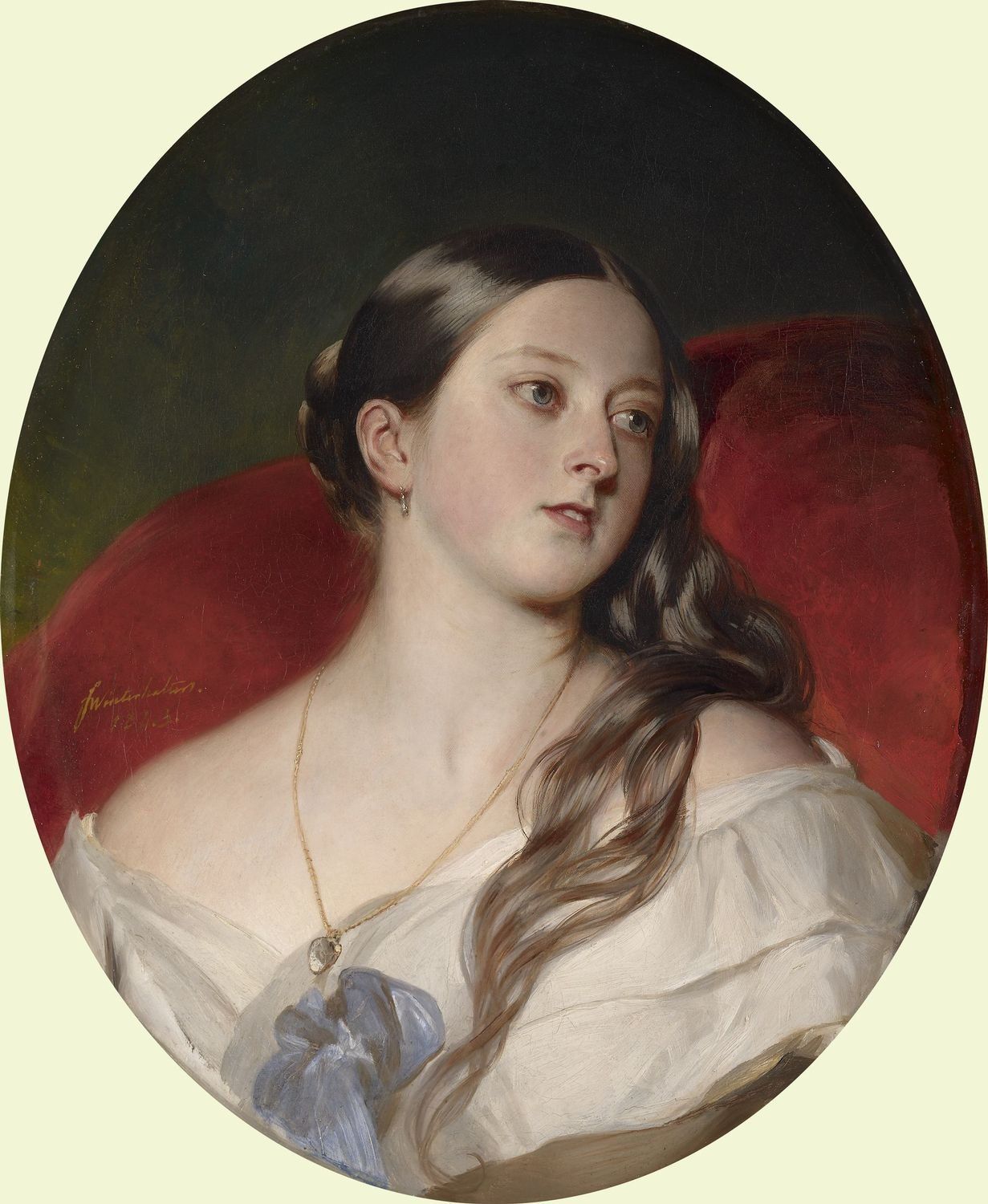 This pendant looks to be a glass heart-shaped locket containing a lock of Prince Albert's hair which the Queen wore 'day and night' before her marriage. The portrait is the "secret picture" of Queen Victoria commissioned as a gift for husband Albert's 24th birthday by Franz Xaver Winterhalter in 1843, Royal Collection Trust. .