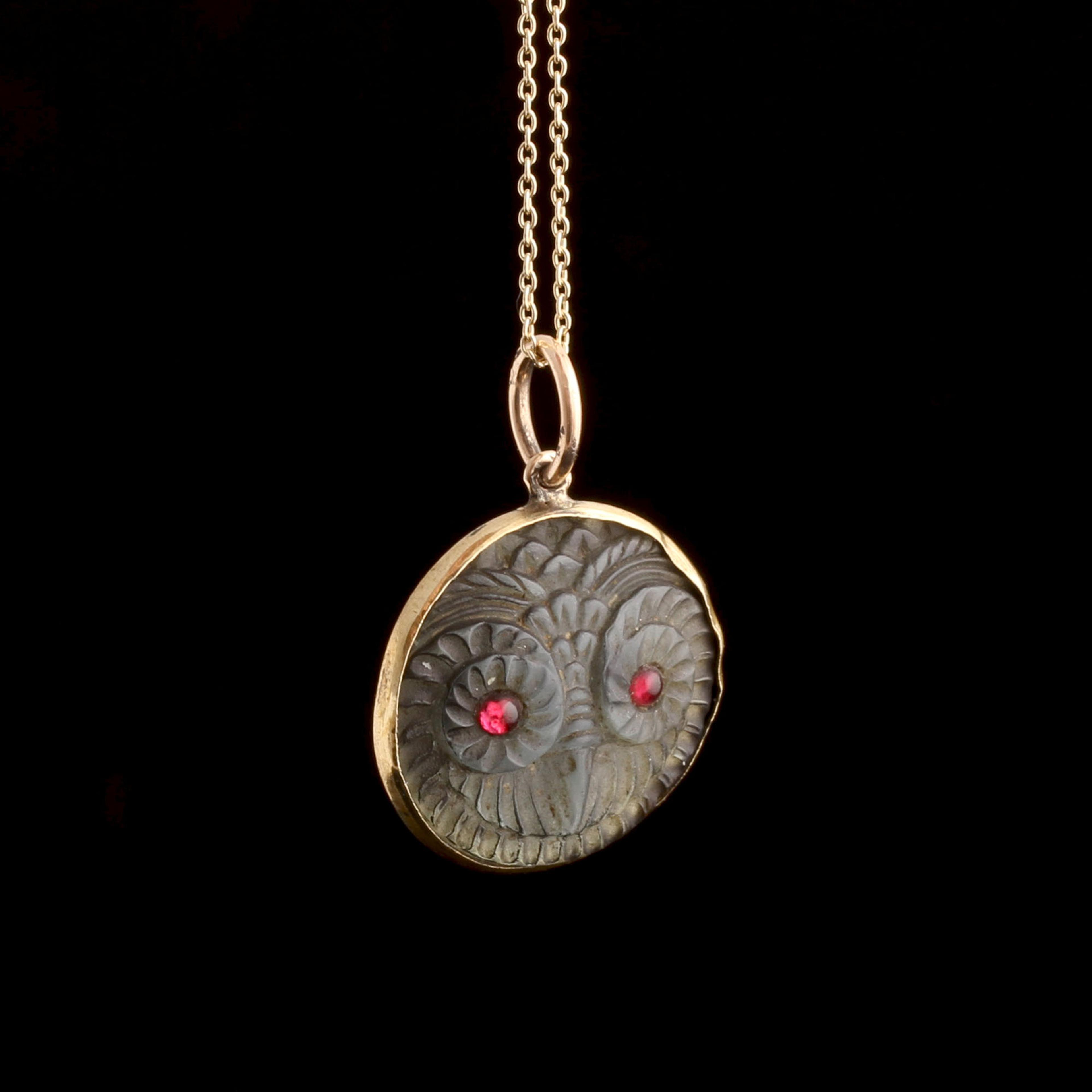 Victorian Labradorite & Garnet Owl Pendant
