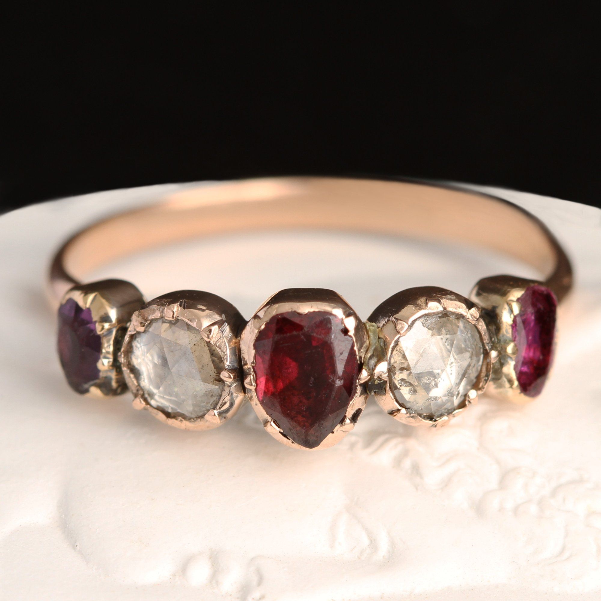 Georgian Five Stone Ring with Amethyst, Garnet and Ruby Hearts and Rose Cut Diamonds