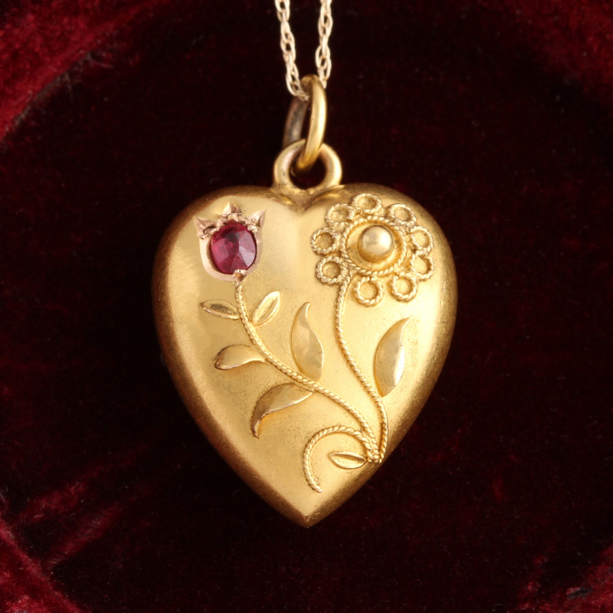 Edwardian Ruby and Flower Heart Necklace