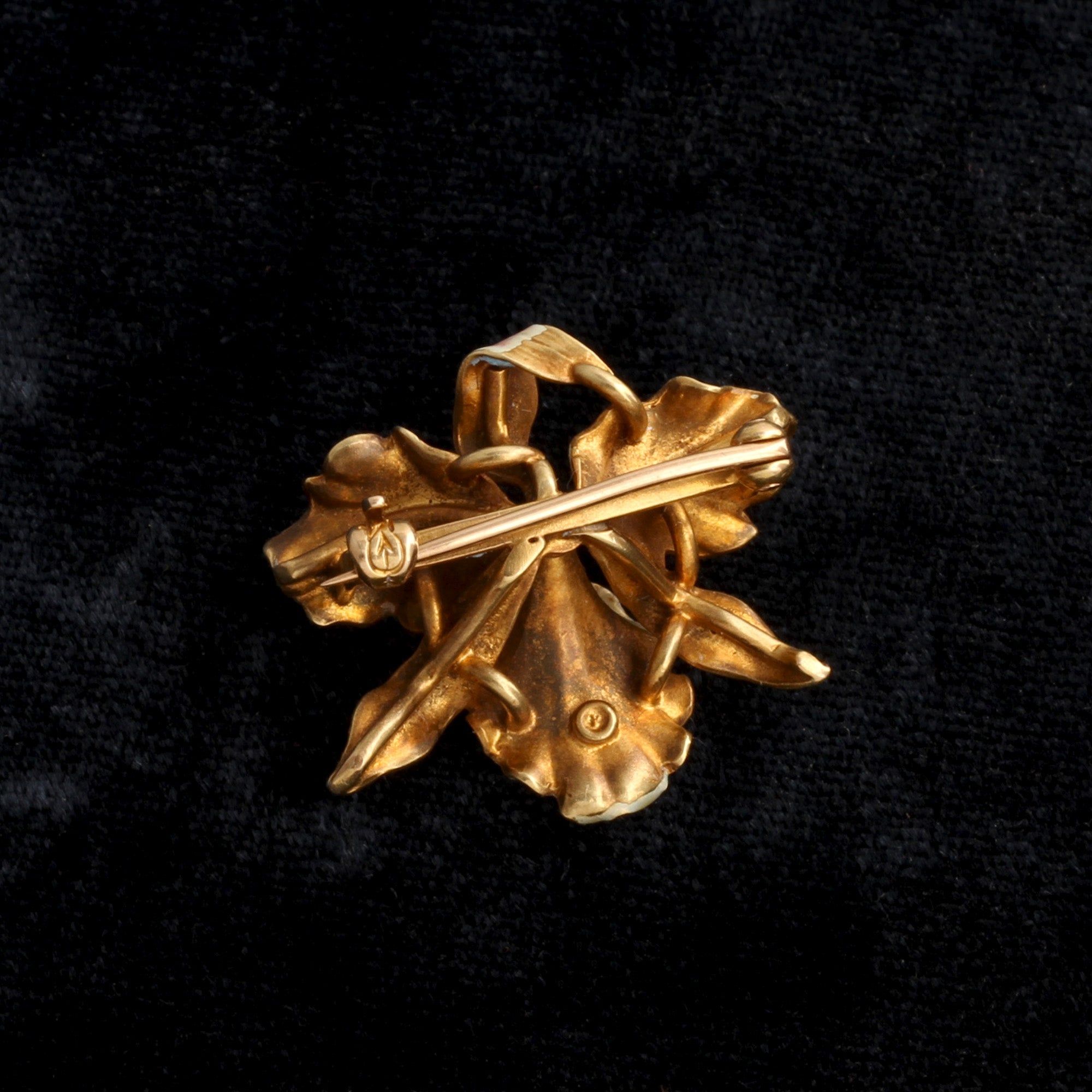 Edwardian Enamel & Pearl Orchid Brooch