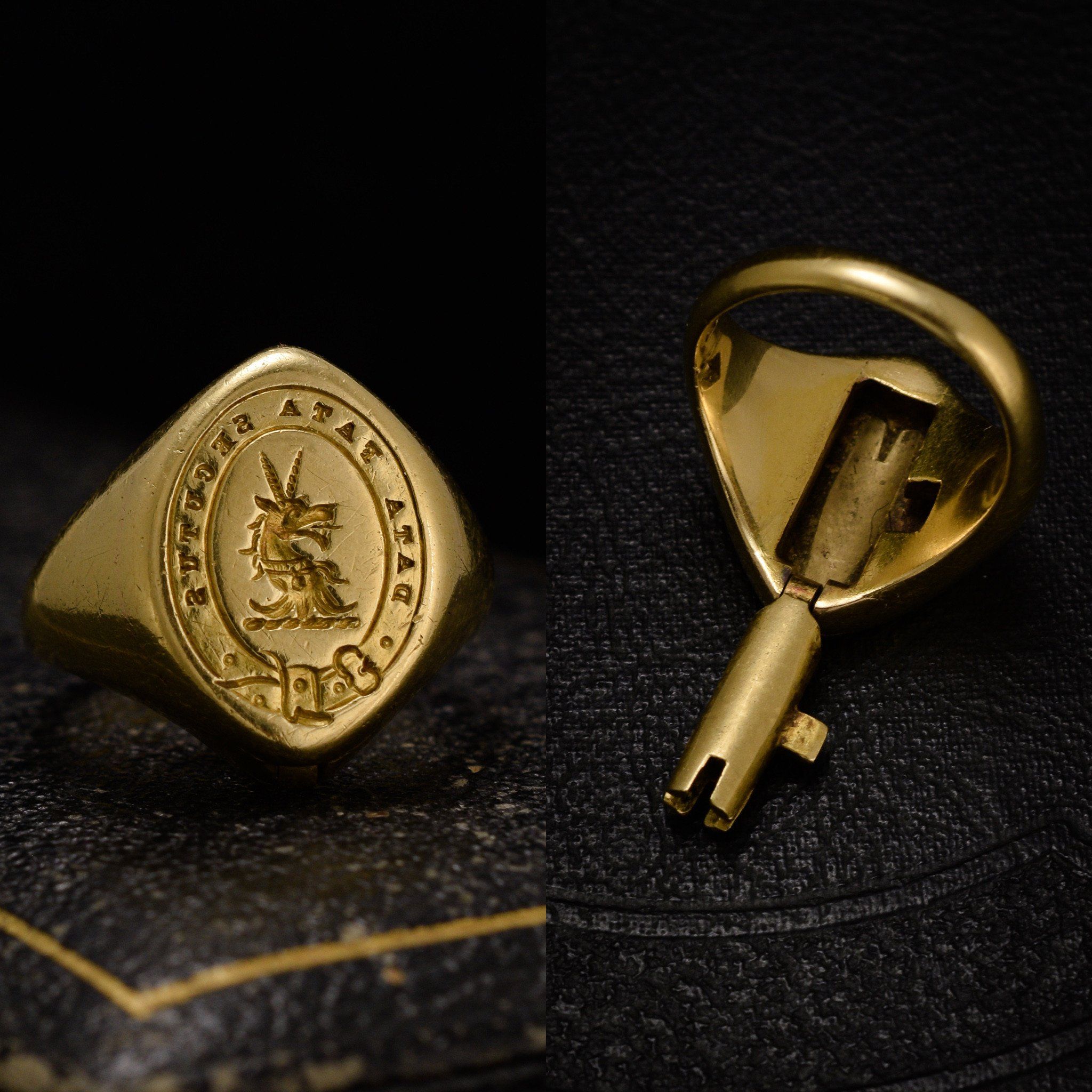 "Data Fata Secutus" Signet Ring with Concealed Jewelry Box Key