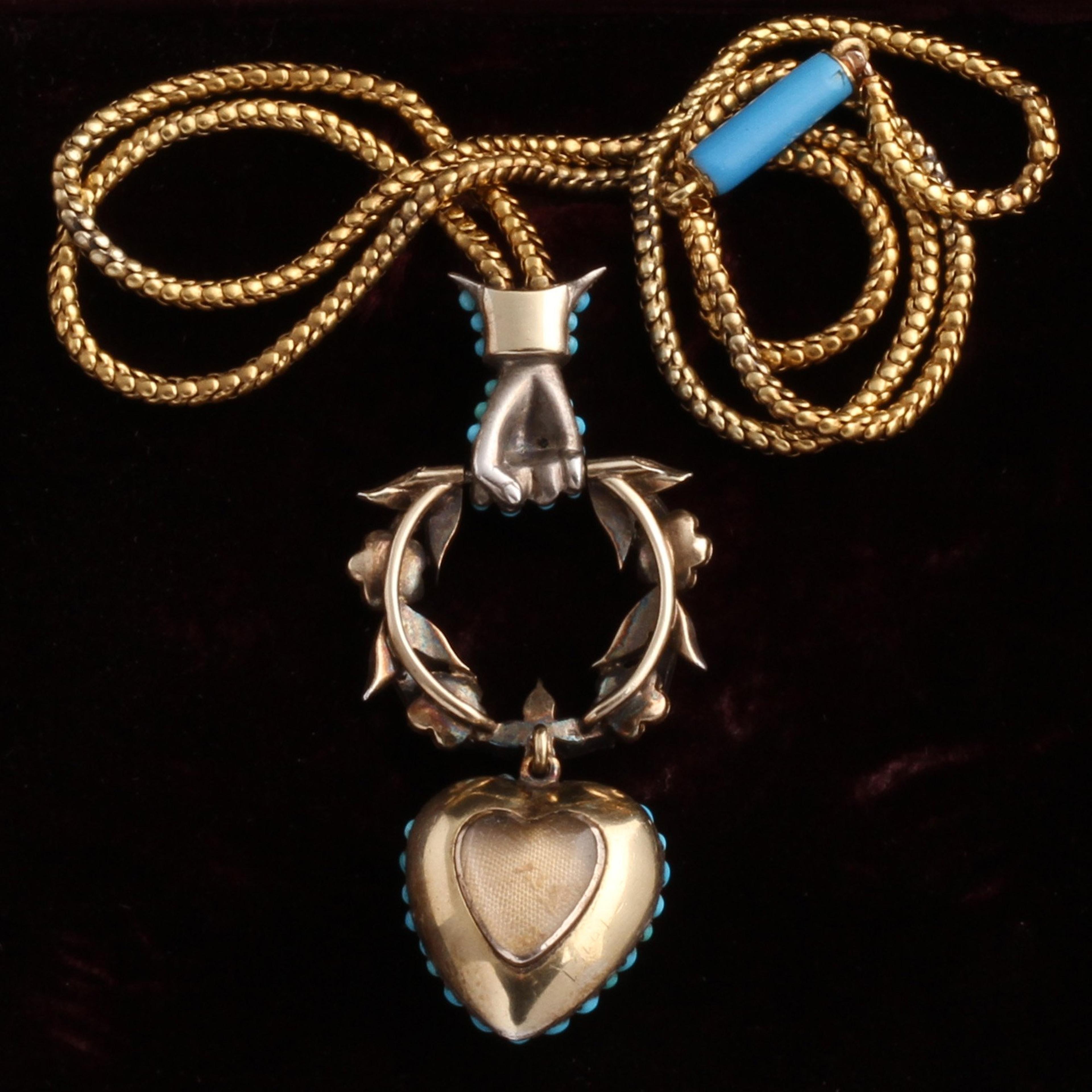 Back detail of Victorian Turquoise and Diamond Hand Grasping Wreath and Heart Locket in Original Box