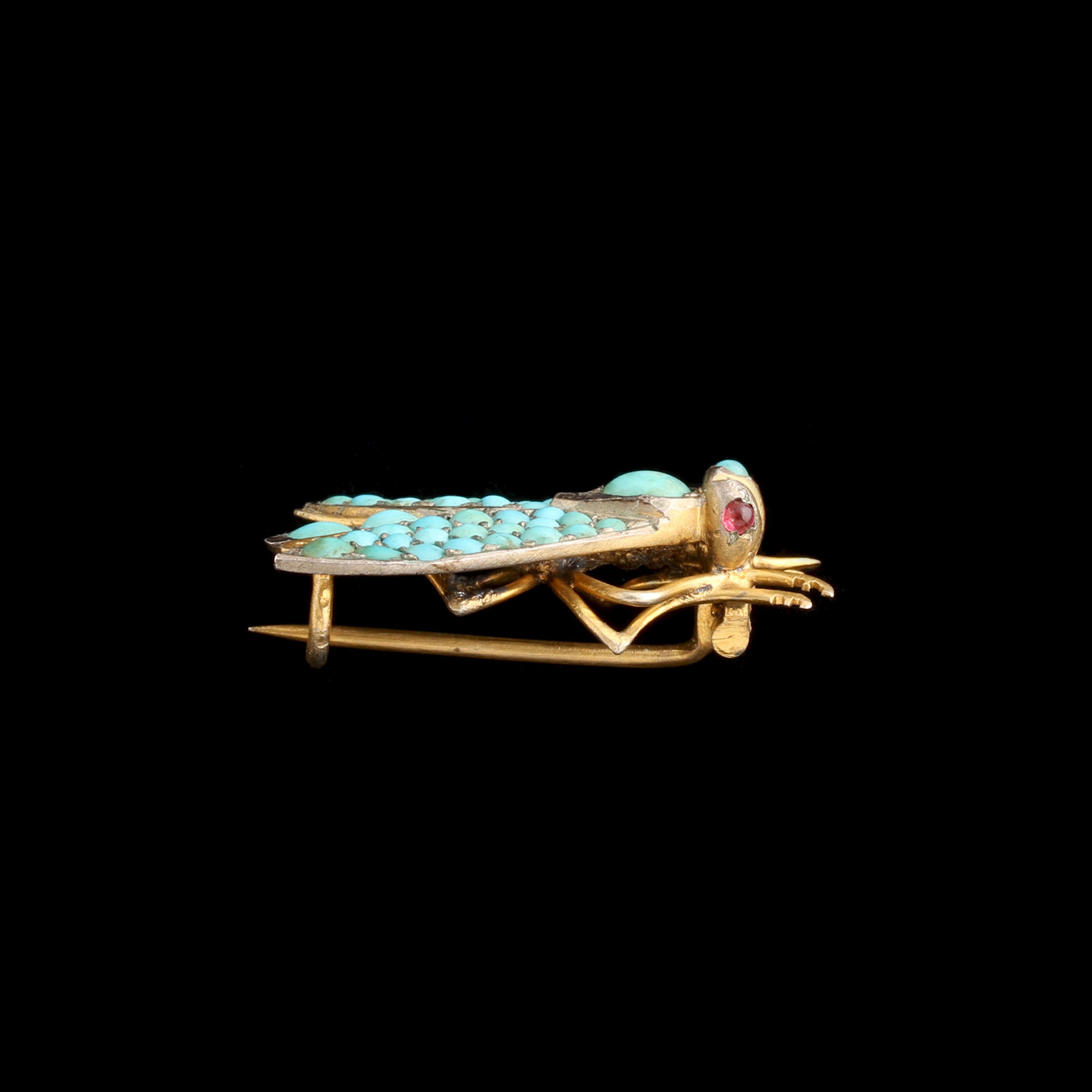 Victorian Turquoise & Garnet Gilt Silver Moth Brooch