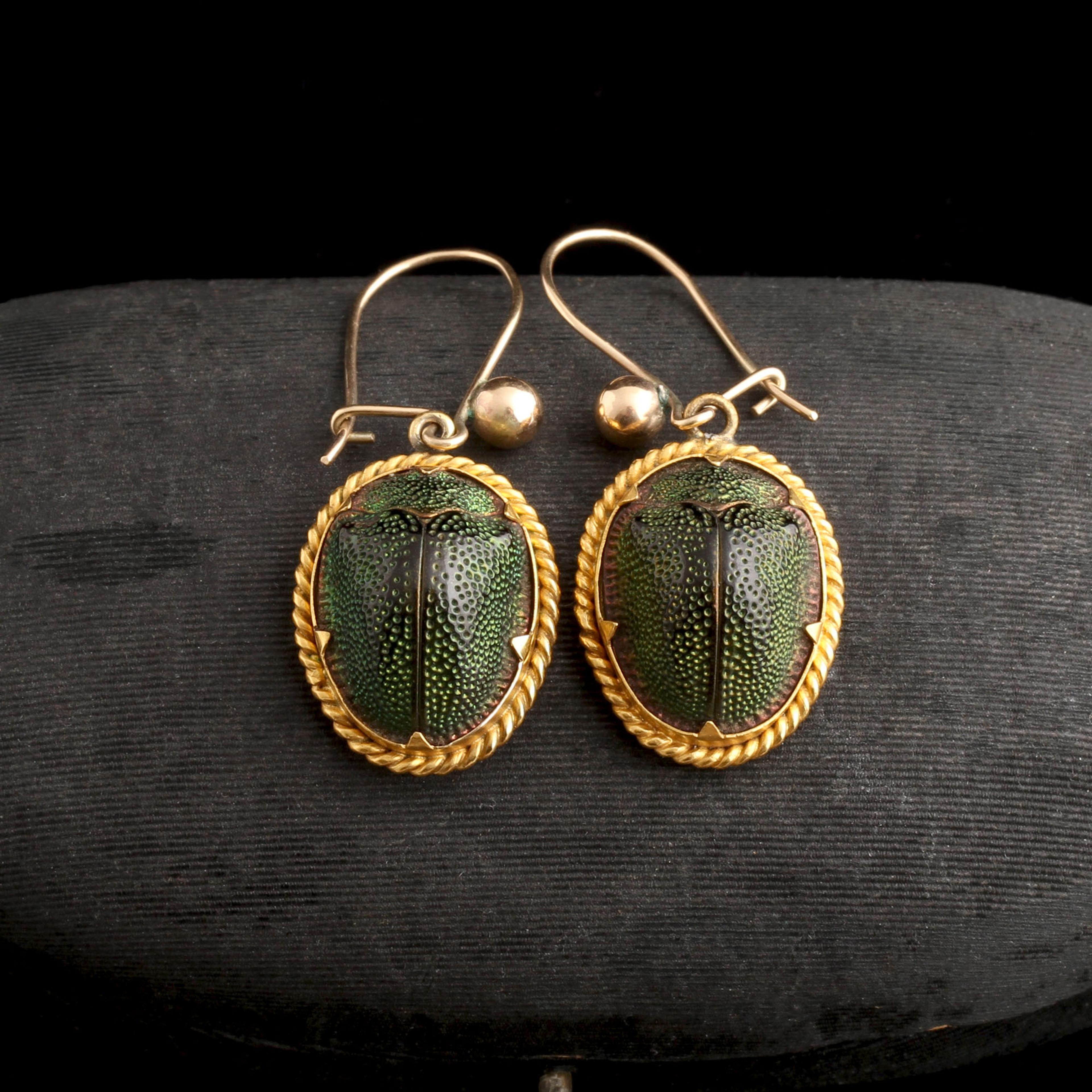 Victorian Twisted Wire Framed Beetle Earrings