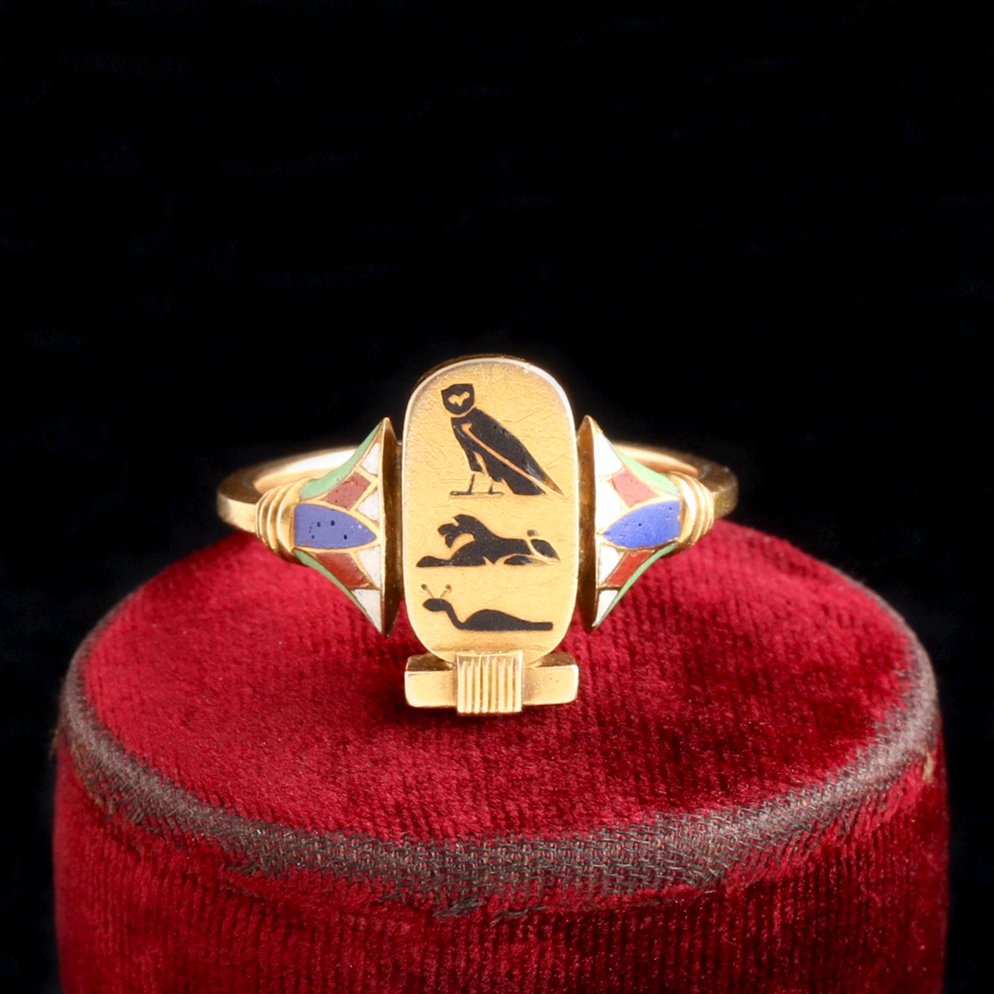 Egyptian Revival Hieroglyphic Monogram Gold & Enamel Ring