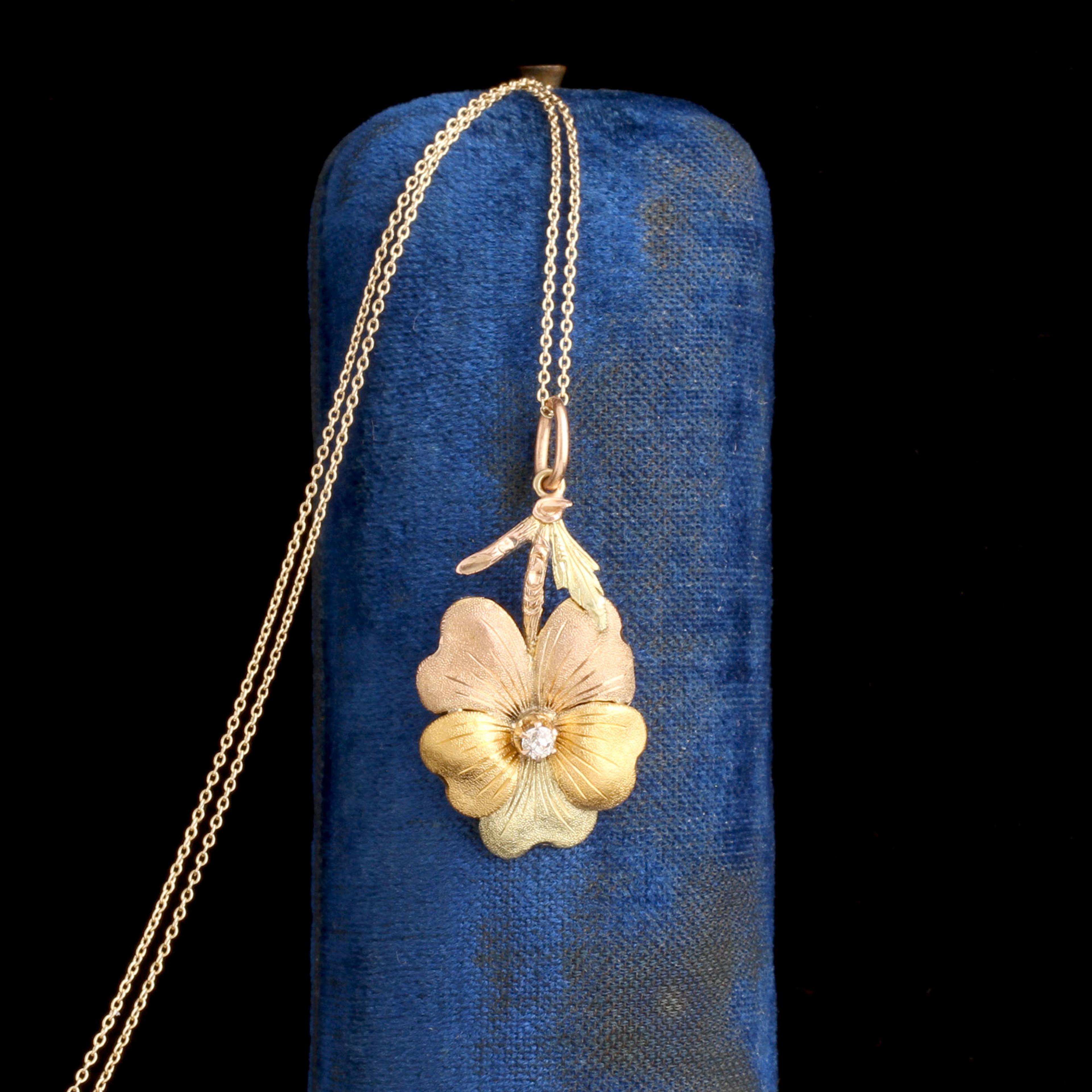 Detail of Victorian Tricolor Gold Pansy Pendant