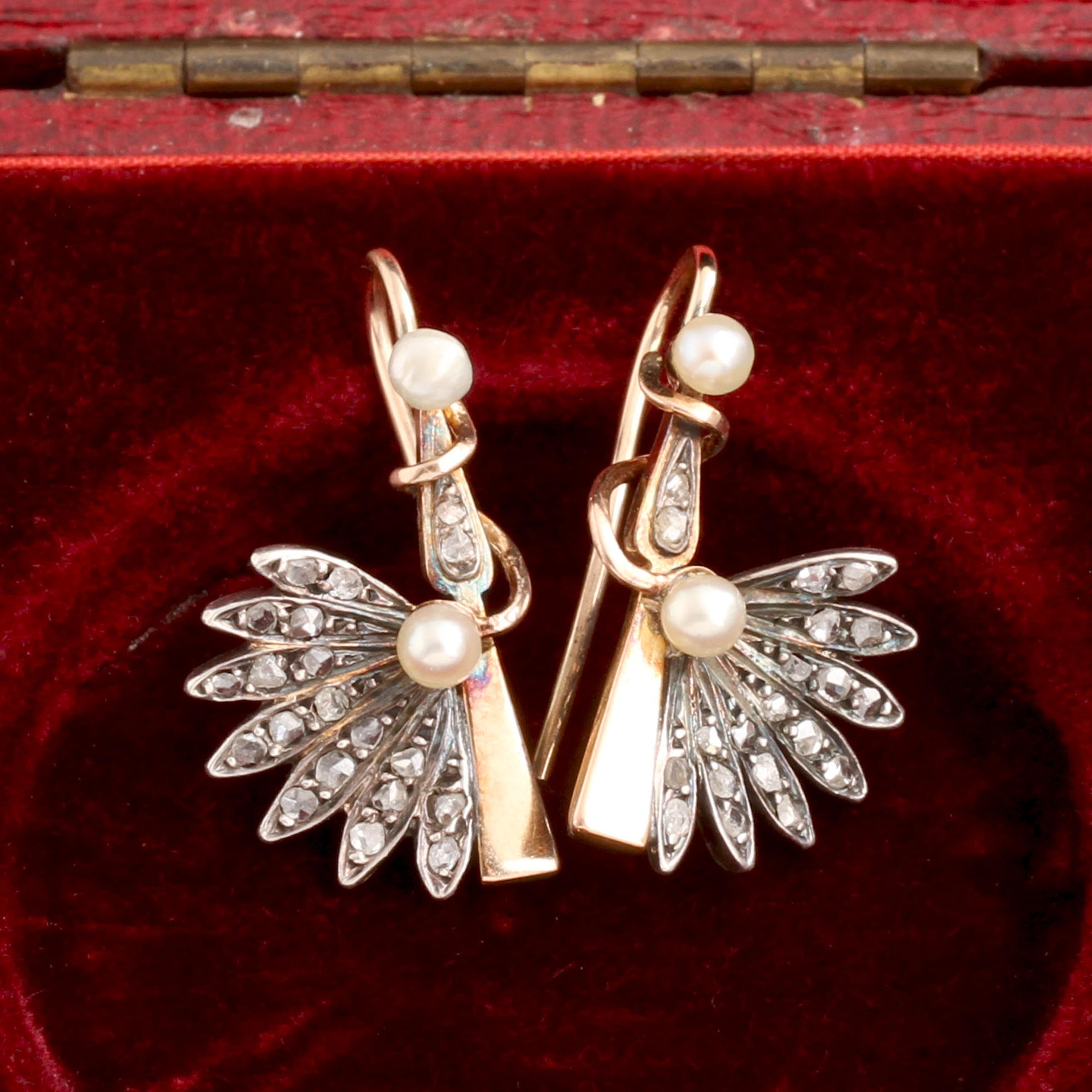 Late Victorian Diamond & Seed Pearl Fan Earrings