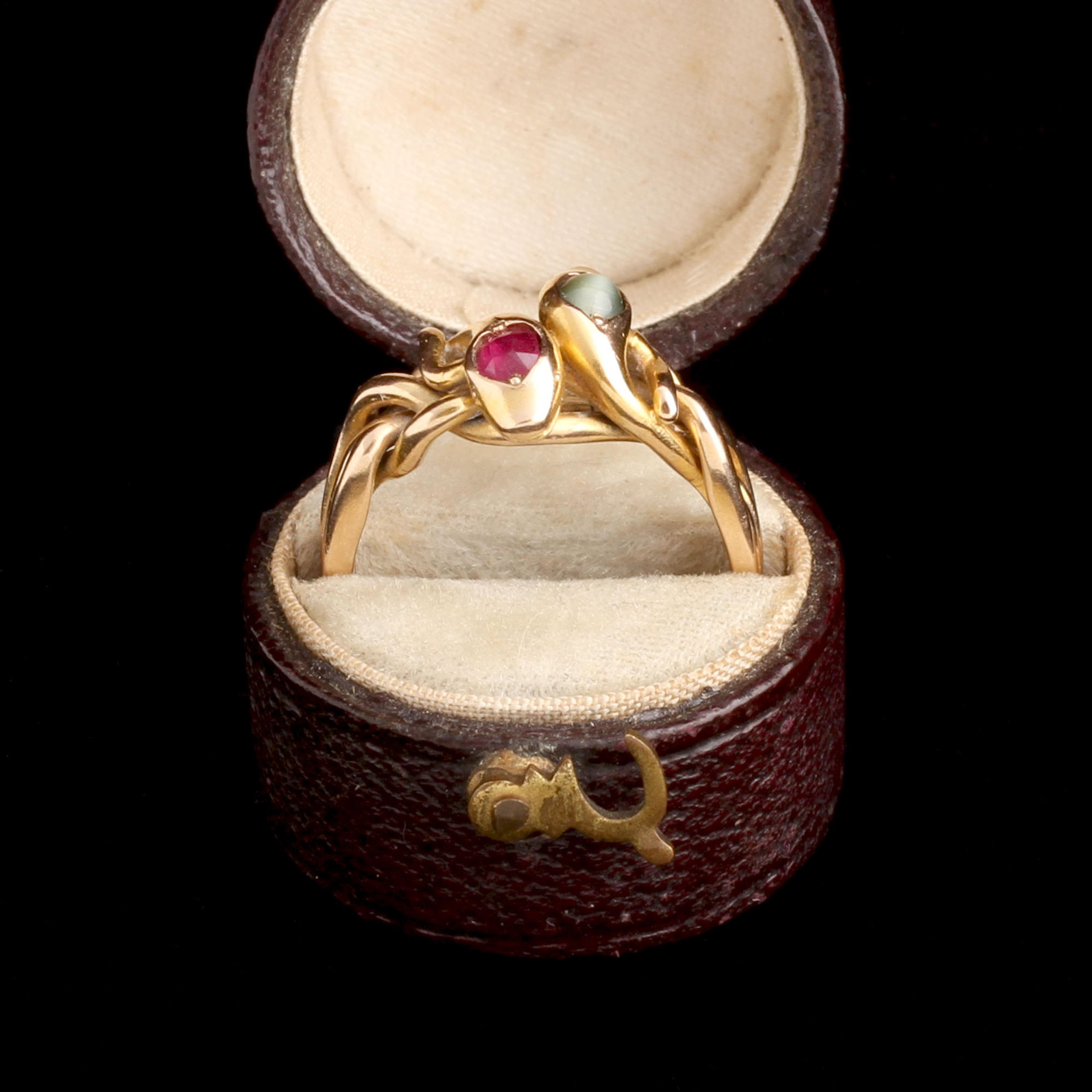 Victorian Cat's Eye Chrysoberyl & Ruby Snake Puzzle Ring