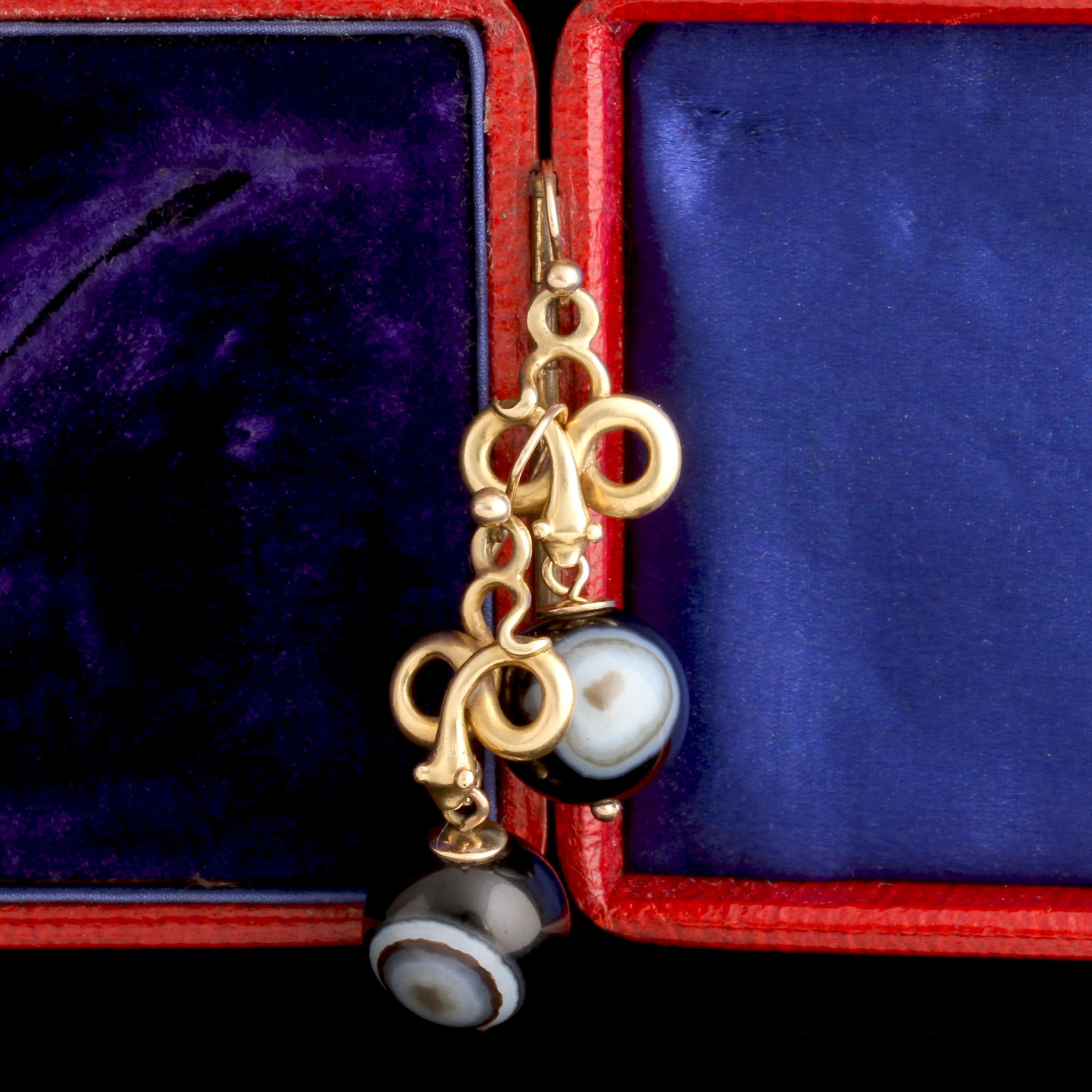 Victorian "Eye" Agate Serpent Earrings
