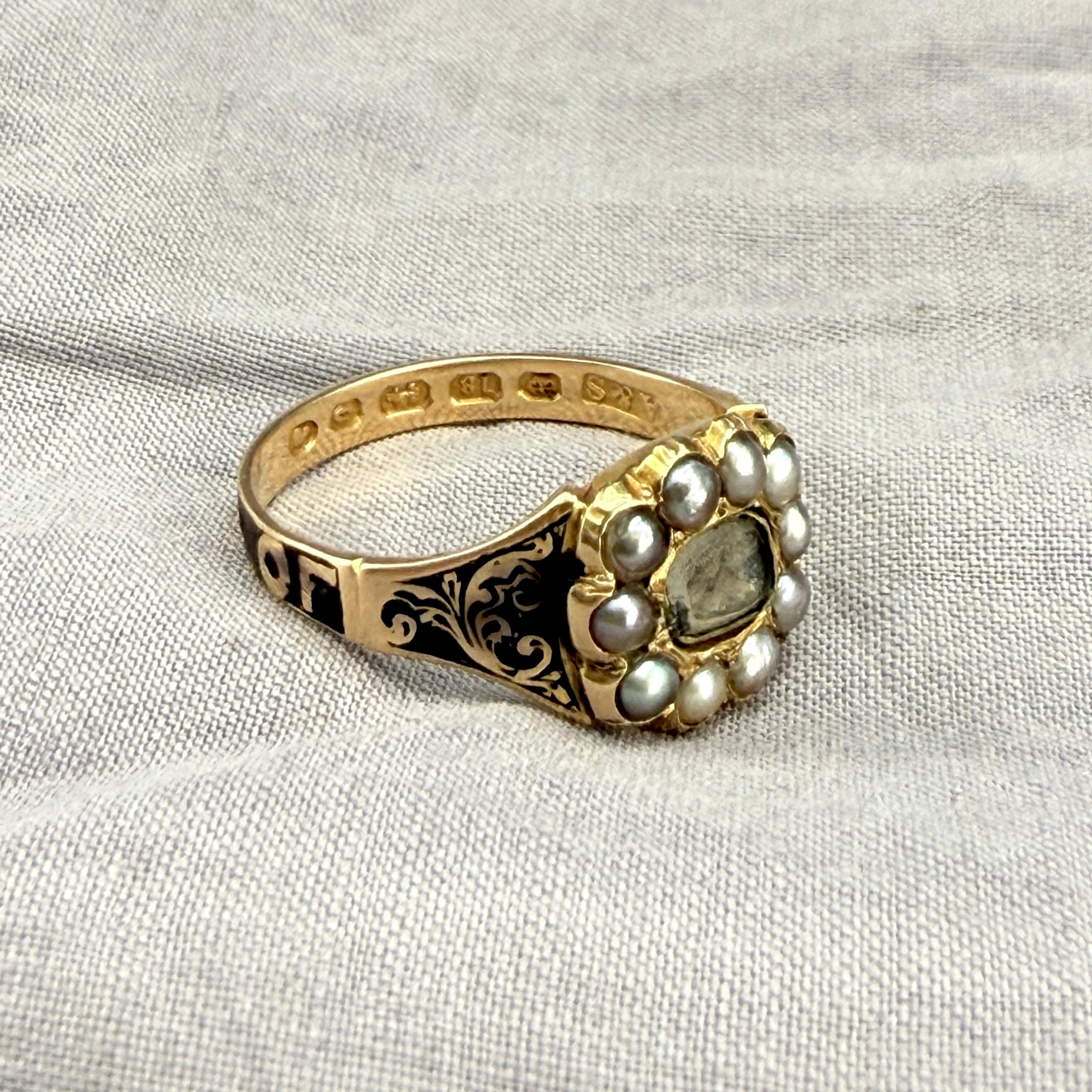 QV 1891 Mourning Ring w/ Black Enamel and Pearls