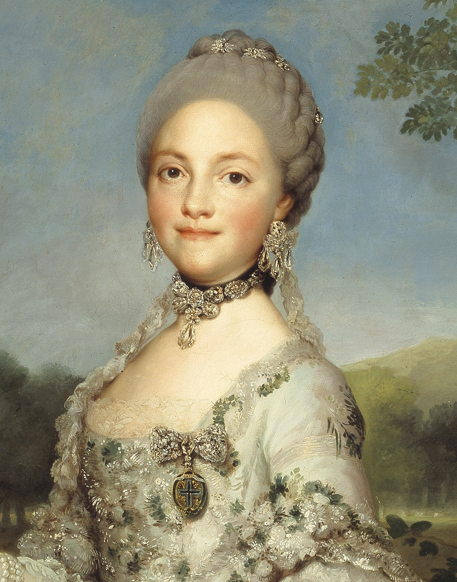 Wearing large girandole earrings (dangling with a large central stone) in the Georgian style. Maria Luisa of Parma, c 1765 by Anton Raphael Mengs
