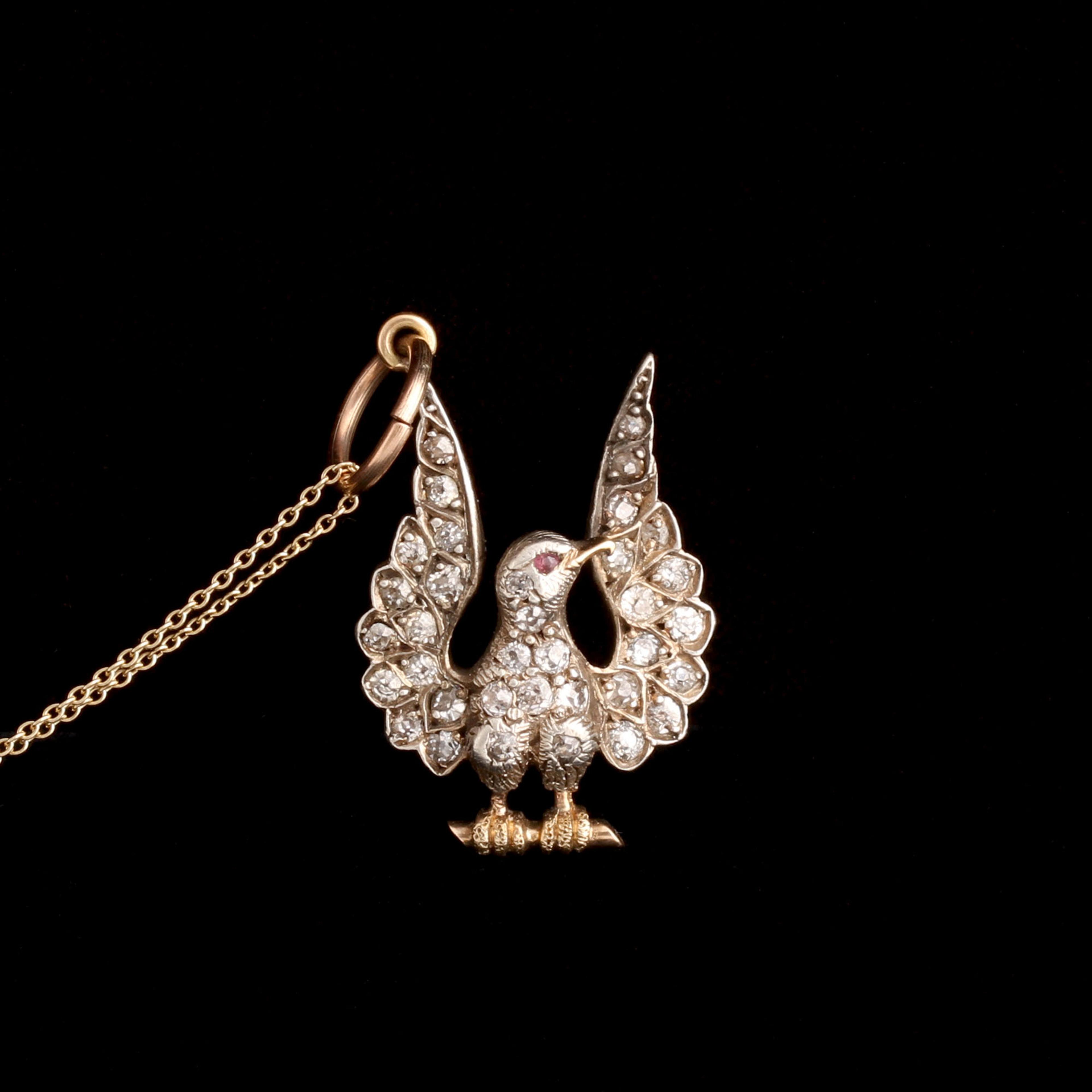 Victorian Bird Taking Flight Diamond & Garnet Necklace