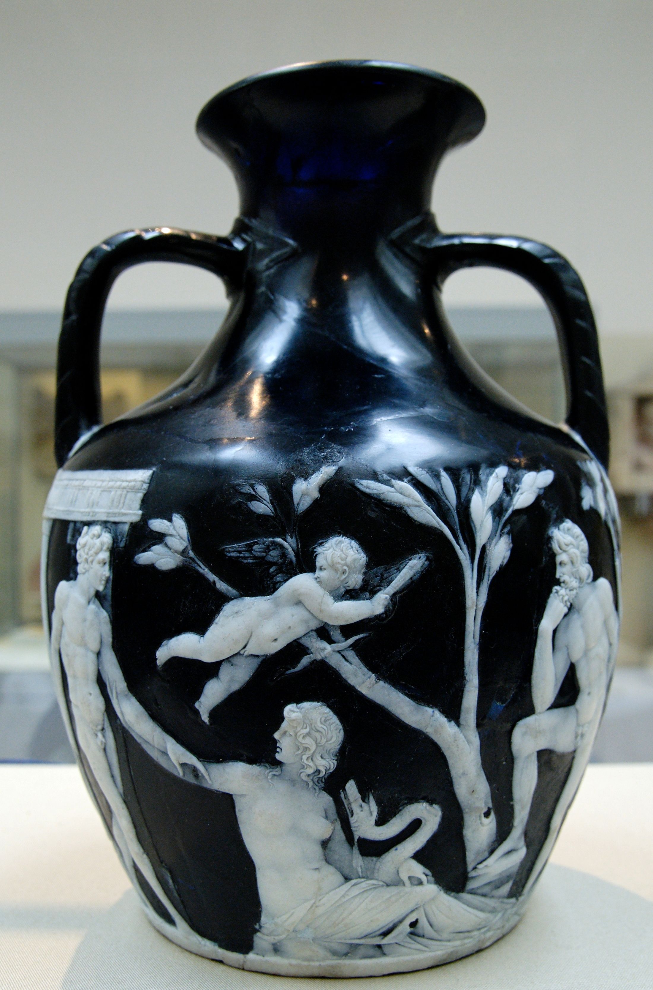 In 1845, the vase was (purposefully) shattered by drunk man. It was restored in 1845, 1948 and again in 1989. The Portland Vase made of Roman cameo glass, British Museum. 