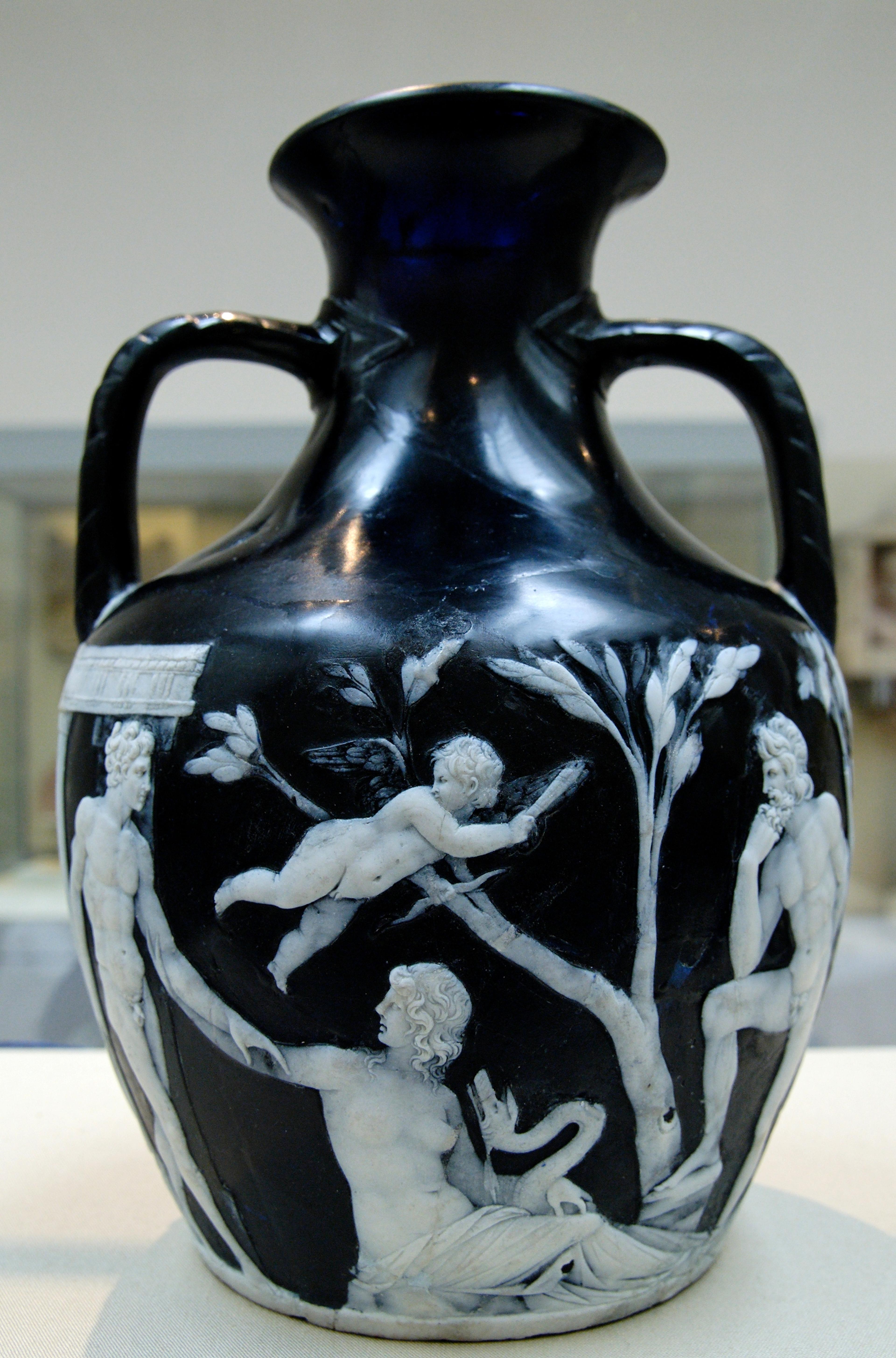 In 1845, the vase was (purposefully) shattered by drunk man. It was restored in 1845, 1948 and again in 1989. The Portland Vase made of Roman cameo glass, British Museum.