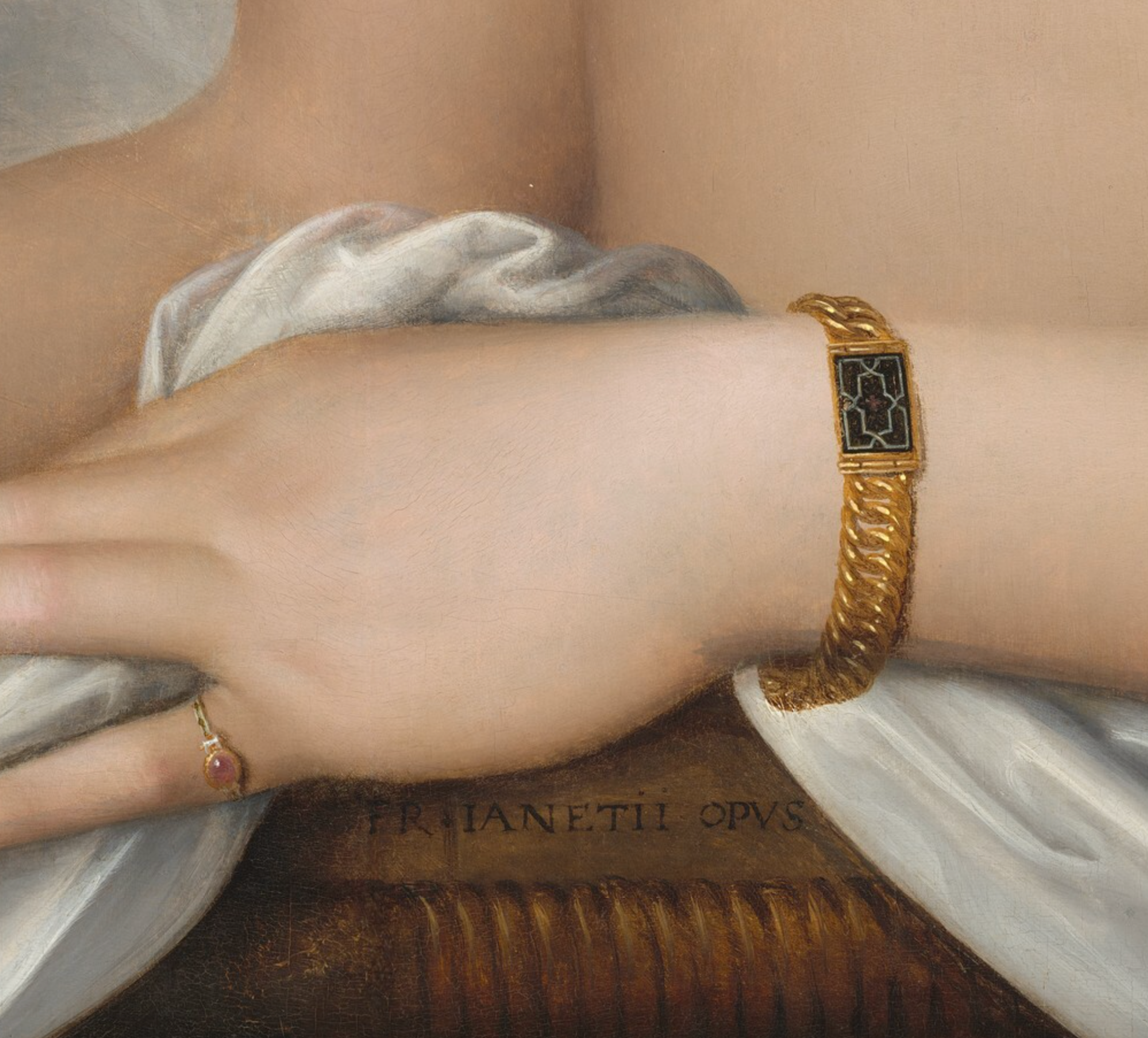 A curb chain bracelet from a detail of A Lady in Her Bath by Francois Clouet, c.1571.