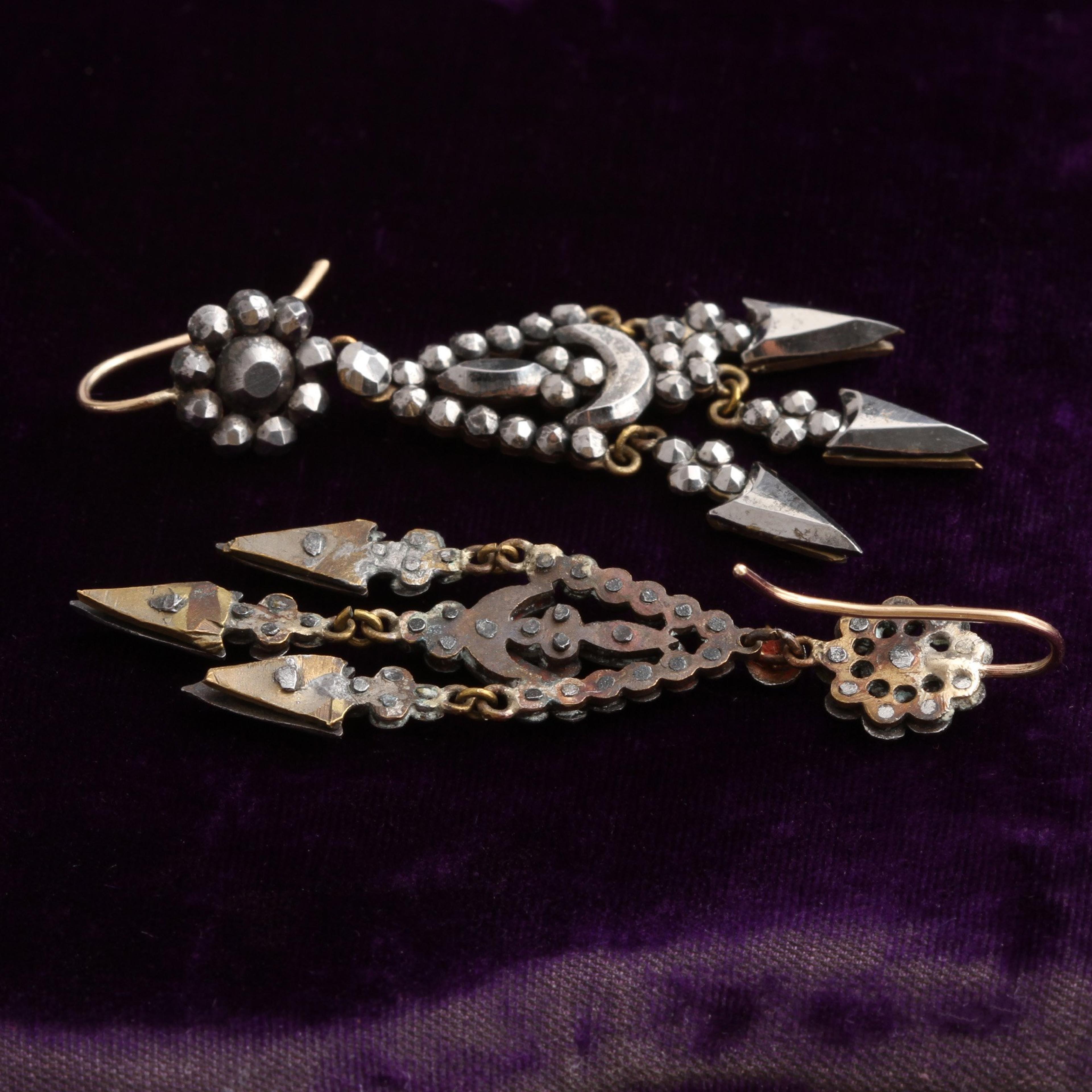 Back detail of Georgian Crescent and Cluster Cut Steel Earrings