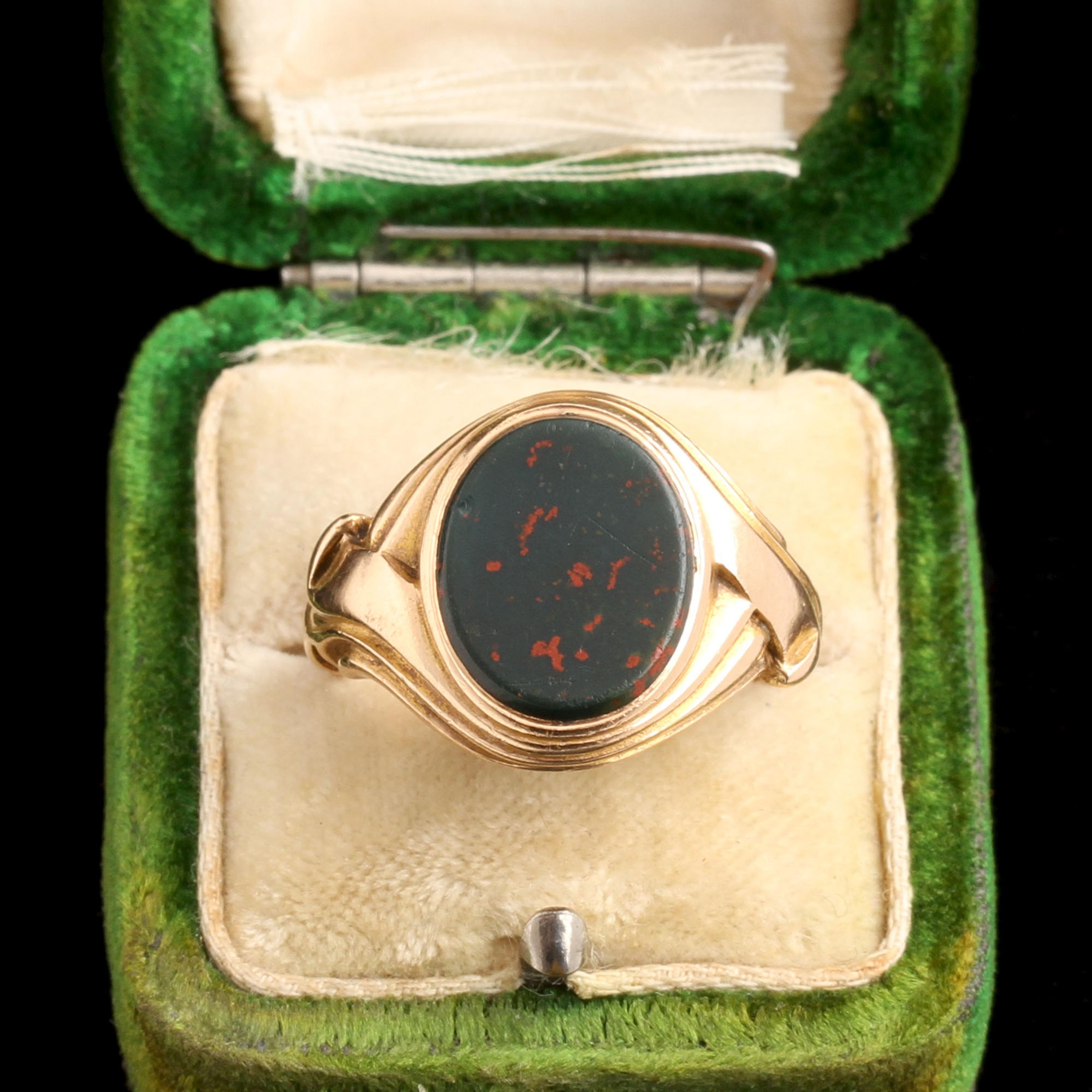 Mid Victorian Ribbon Shouldered Bloodstone Signet Ring