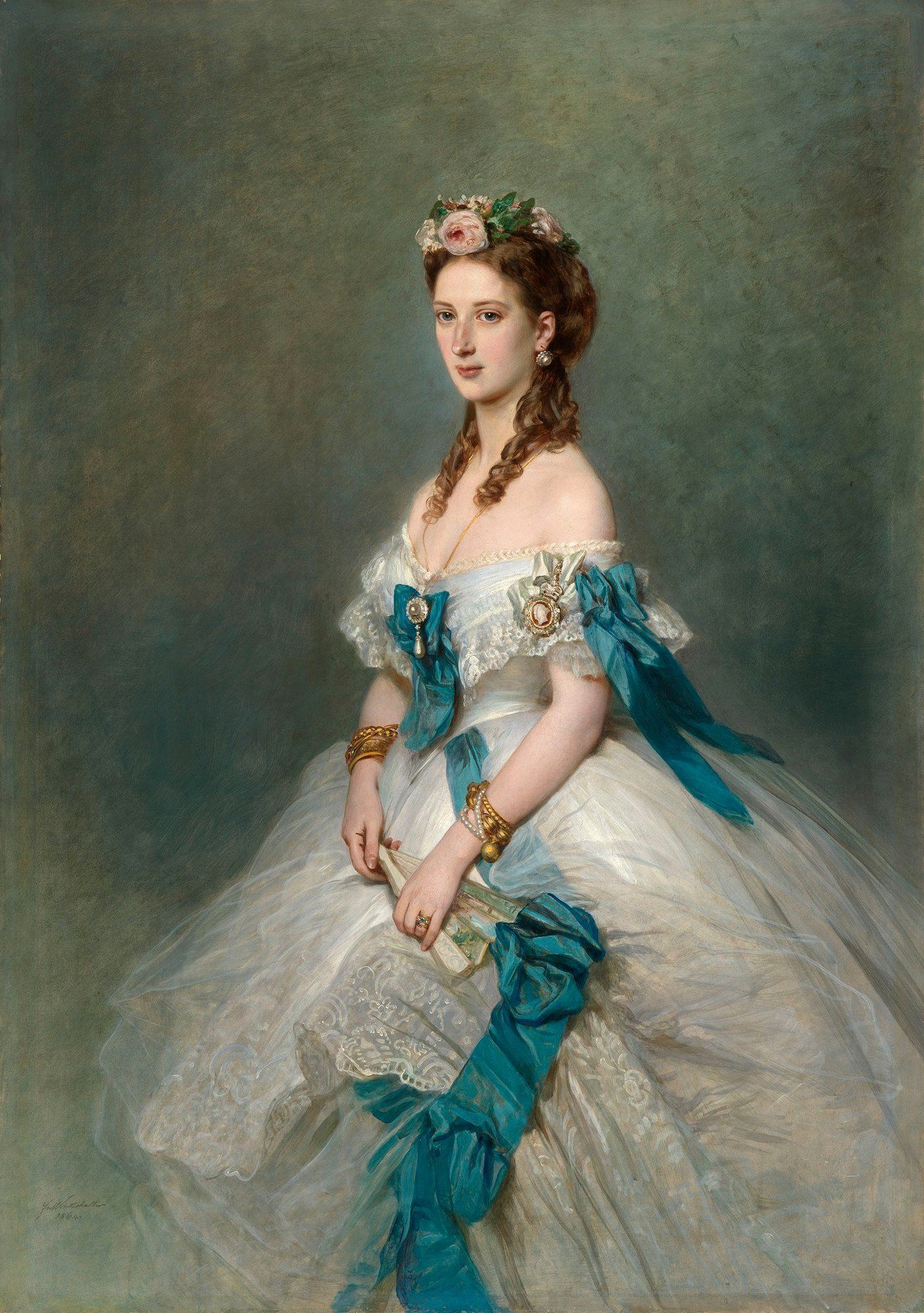 Princess Alexandra of Denmark shortly after her wedding. There looks to be a colorful ring on her left hand. Maybe it's her acrostic engagement ring? Queen Alexandra when Princess of Wales by Franz Xaver Winterhalter1864. Royal Collection Trust. 